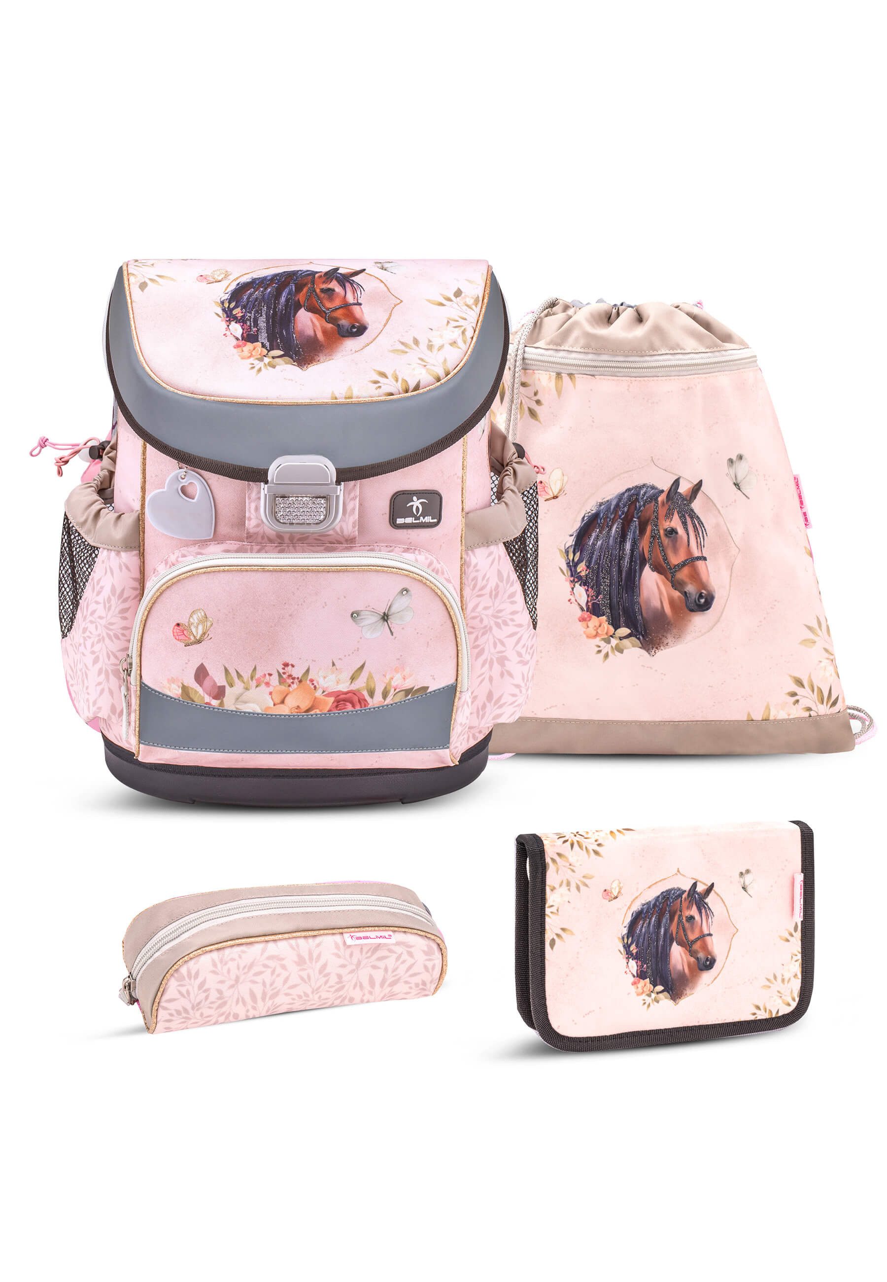 Belmil Schulranzen Mini-fit Ergonomisches Schulranzen-set 4-teilig Mit Brustgurt (4-tlg., Schulranzen Set 4 tlg)