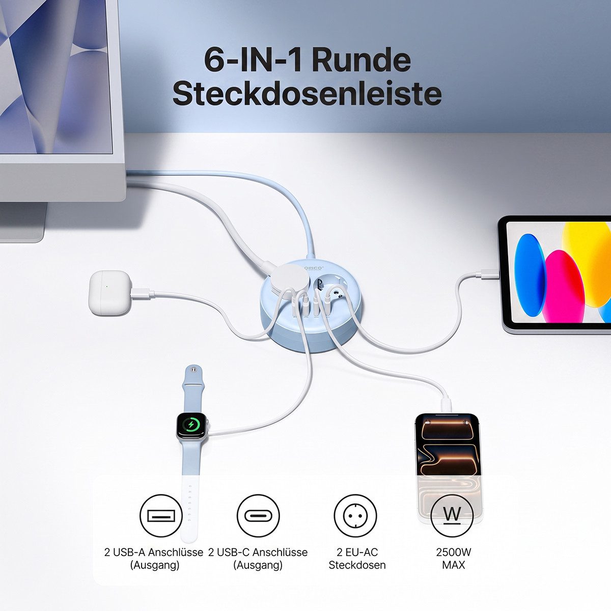 ORICO Steckdose Runde Steckdosenleiste mit USB-C PD 20W, 2 Steckdosen & 4 USB (2× USB-C), 1-St., 1,5 m Kabel, Wandmontage & Sicherheitsverschluss, 2500W für Bür – Bild 2 von 5