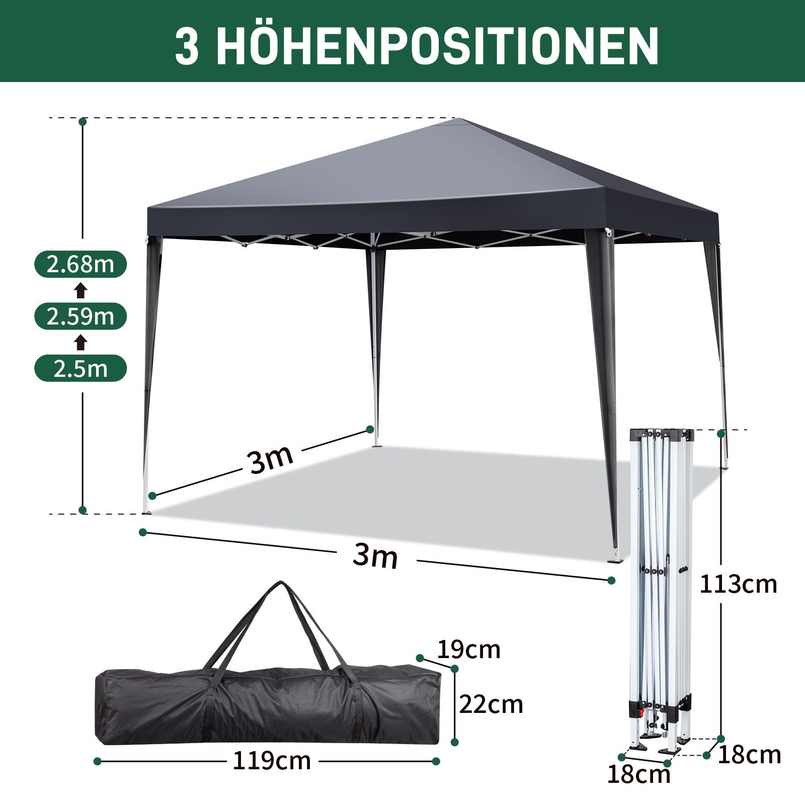 LALAHO Faltpavillon Pavillon 3x3m Pop-Up Gartenzelt höhenverstellbar, Partyzelt, UV-Schutz Gartenpavillon mit Tasche Faltzelt, für Garten, Balkon