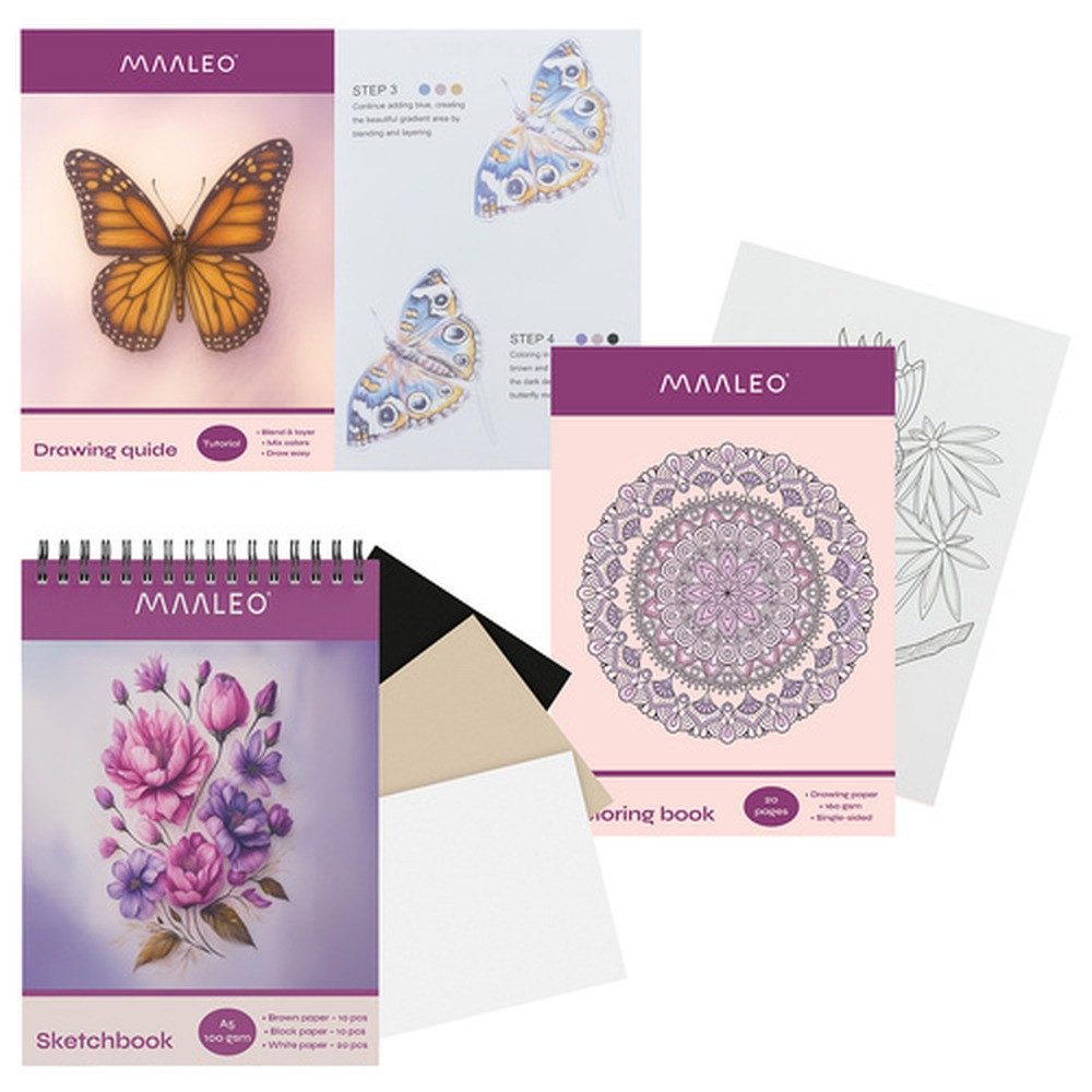 MAALEO Buntstift Zeichenset Skizzenbuch 120 Farben, (Set, 120-tlg., ausmalen), All-in-One-Kunstset für Kinder, Jugendliche und Erwachsene