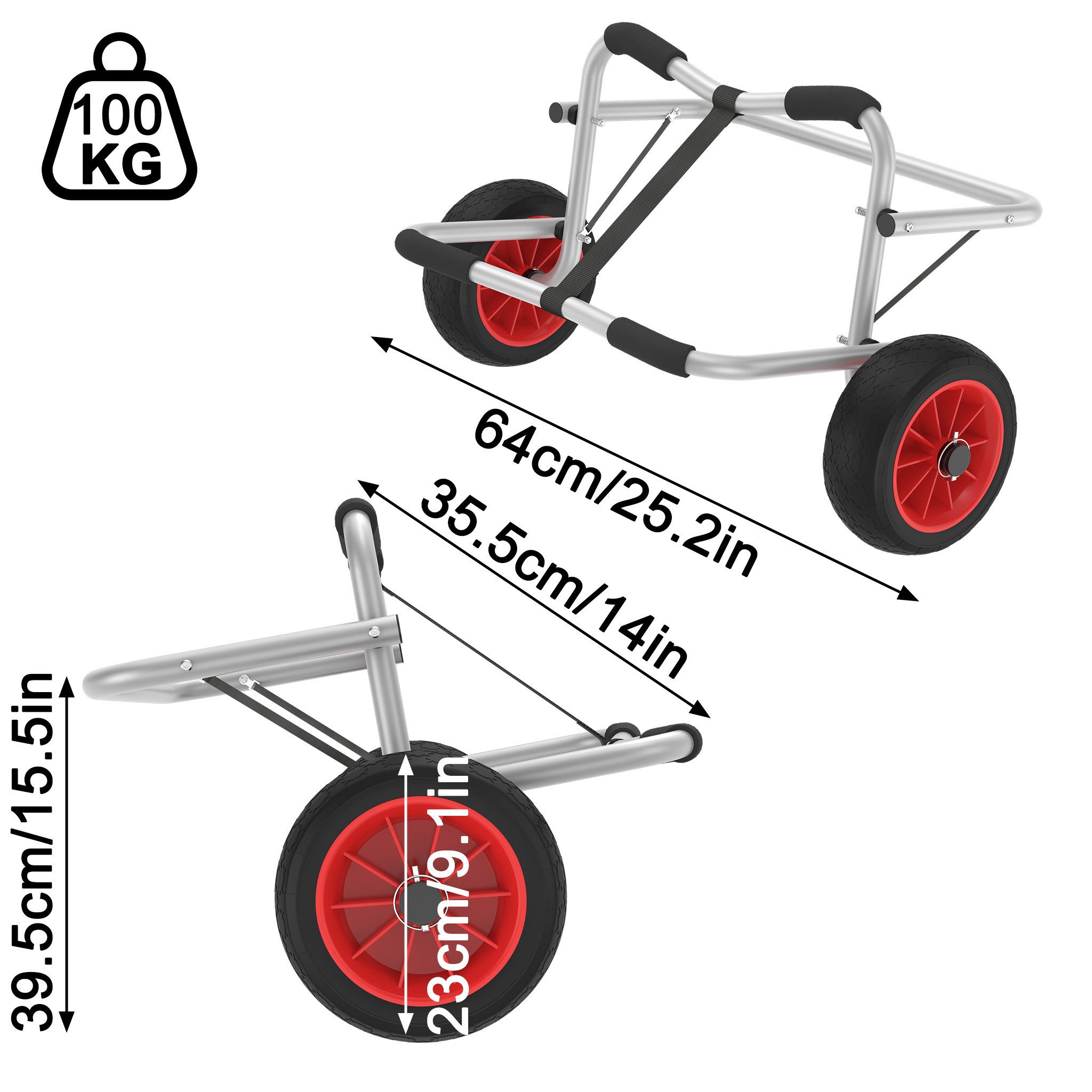 FIVMEN Rollwagen Kajakwagen Faltbarer Alu Kanuwagen Bis 100KG, AluminiumTransportwagen, (Set), mit 2 PU-Räder & Spannriemen Surfwagen Transportwagen Bootstrailer