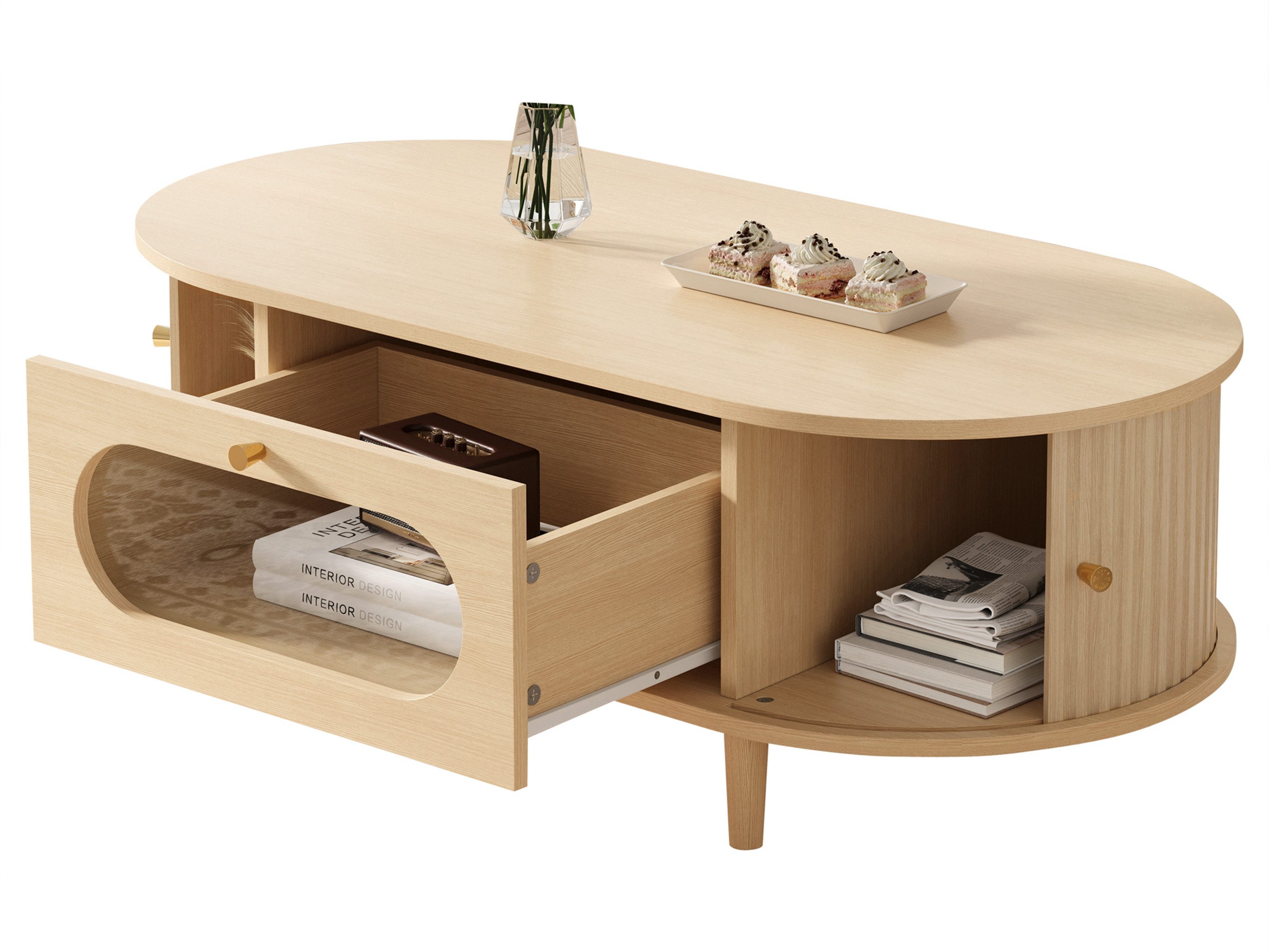 SeedWave Couchtisch Ovaler Sofatisch 100cm mit Holzoptik, Schiebetüren & Schublade, seitliche Fächer, das Schubfach mit Glasfront