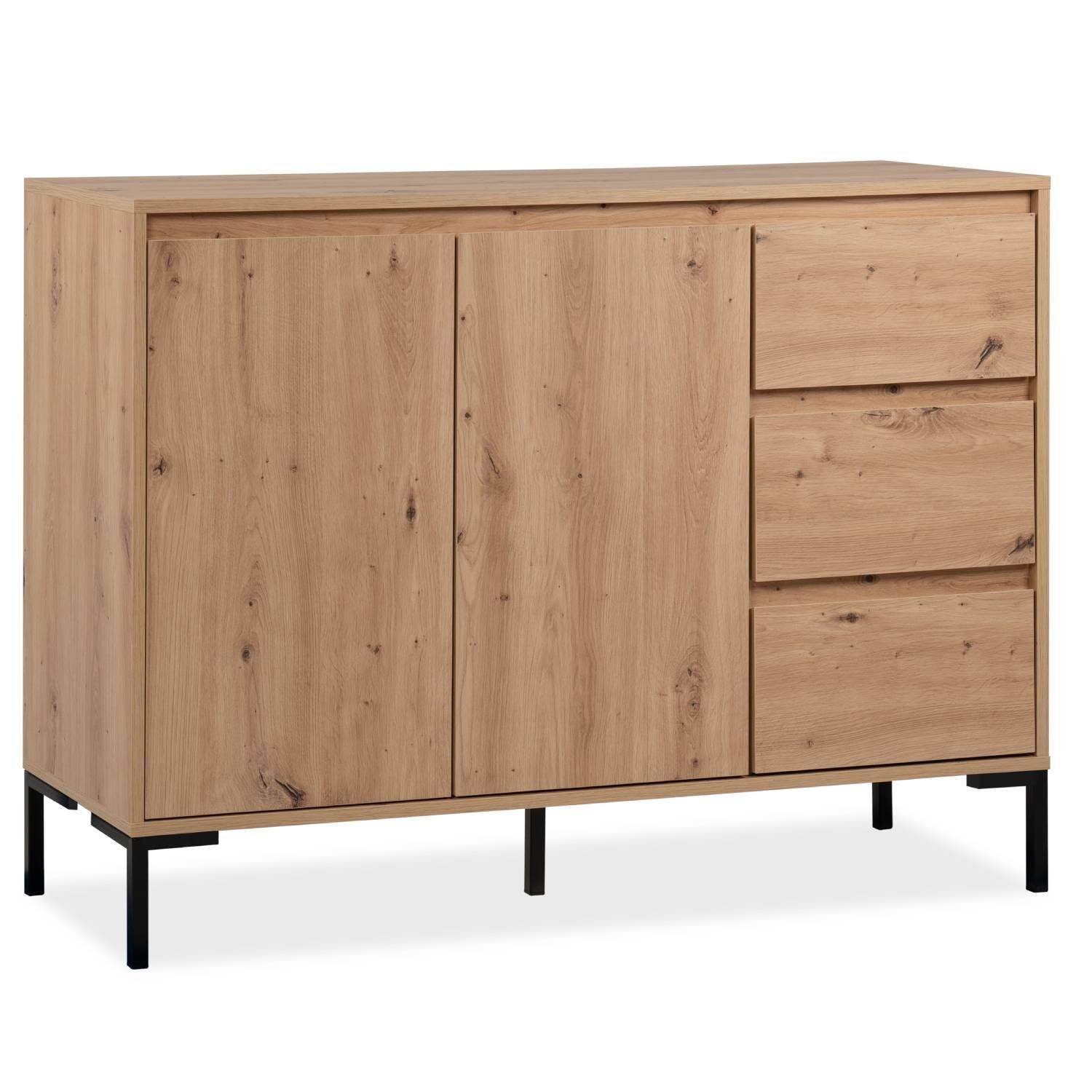 Homestyle4u Kommode Sideboard Schrank Holz Eiche Schubladen Anrichte Industrial Look, Metallfüße. 3 Schubladen, 2 Fächer, ohne Griffe