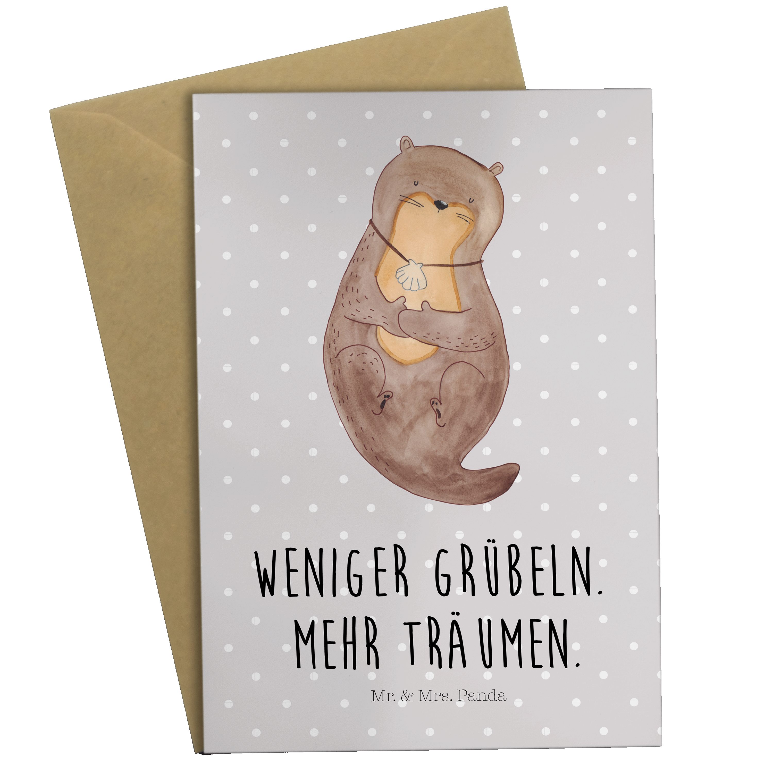 Mr. & Mrs. Panda Grußkarte Otter mit Muschelmedaillon - Grau Pastell - Geschenk, Otterliebe, Hoc