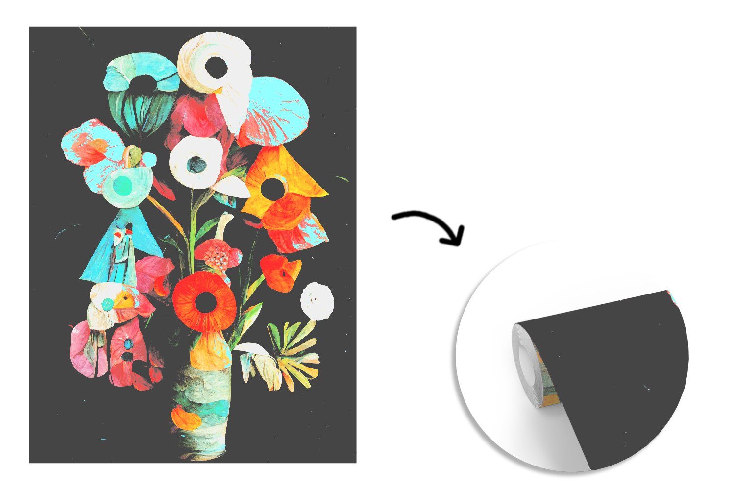 Tapete Montagefertig Blumenstrauß Vase Wandtapete Fototapete Wohnzimmer, für - Matt, St), Farben, Vinyl - (4 Blumen - bedruckt, MuchoWow