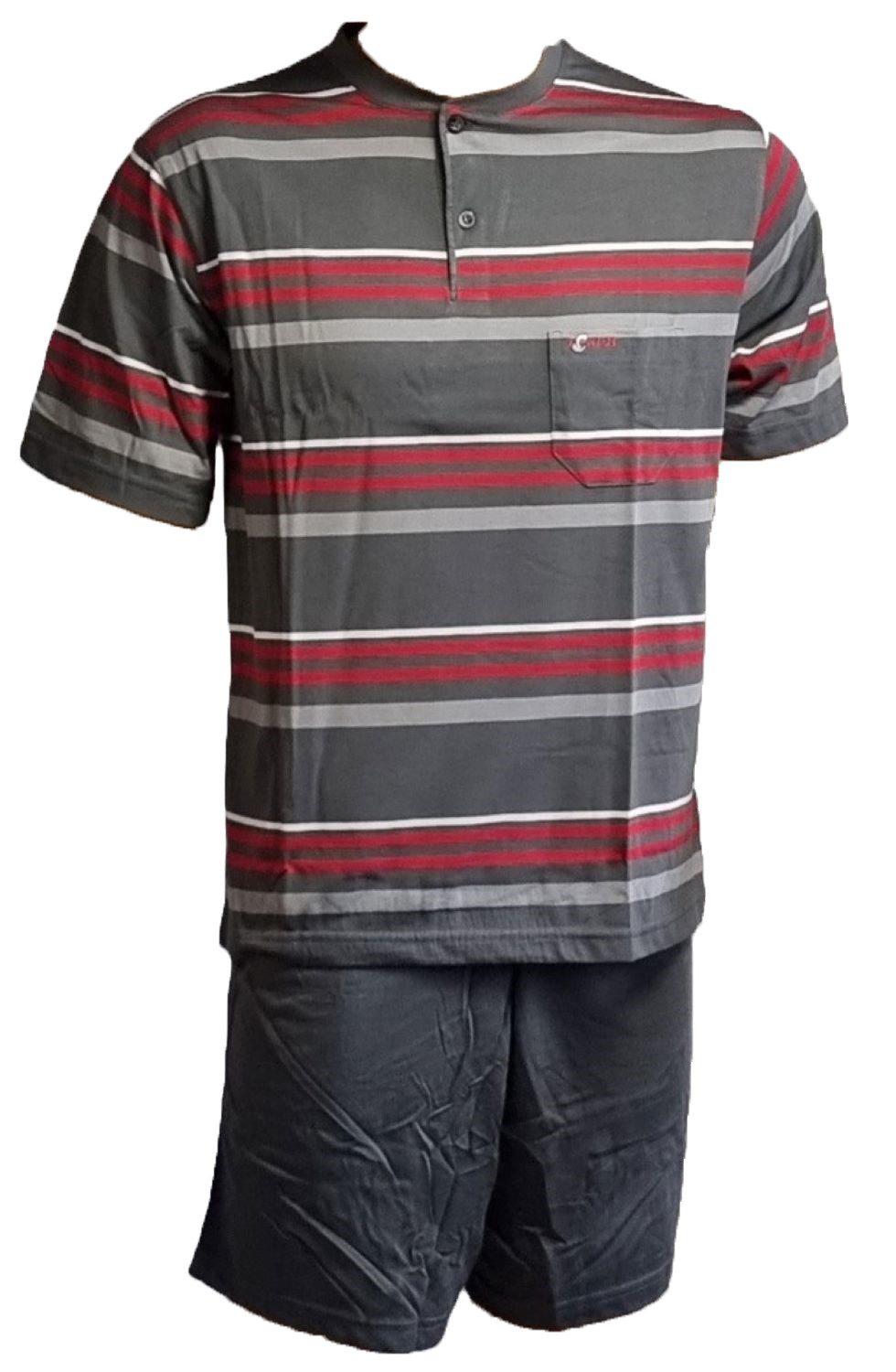 Toker Collection® Shorty Pyjama Herren Shorty 2 Teilig mit Rundhals und kleiner Knopfleiste (1 Stück Packung, 1 Stück) Frische Streifen