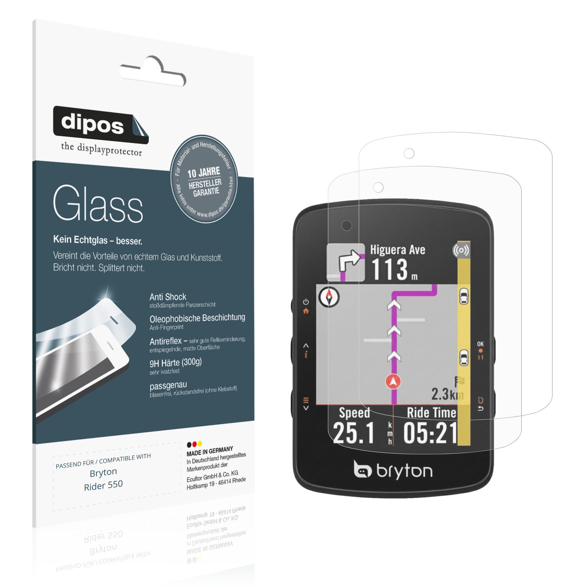 dipos Displayschutzfolie Schutzfolie für Bryton Rider 550, 2 Stück, Displayschutz Schutz Folie Made in Germany