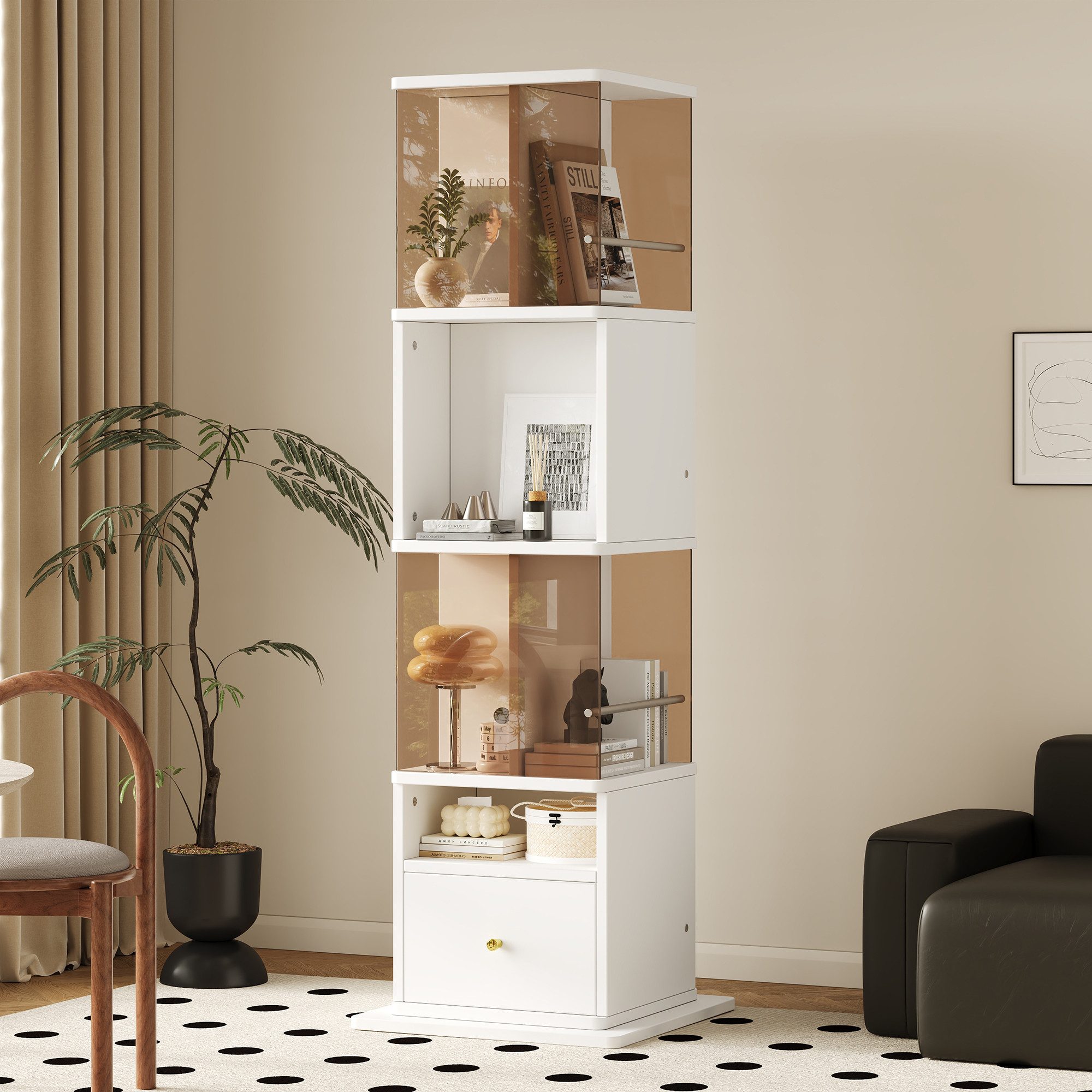 KLAM HOME Vitrine Drehbare Vitrine mit 360°-Drehteller für Wohnzimmer (Vitrine aus MDF und Glas mit 4 Glasfronten und Schublade) Vitrine in Weiß / Braun mit goldenen Griffen, 50 × 50 × 160 cm