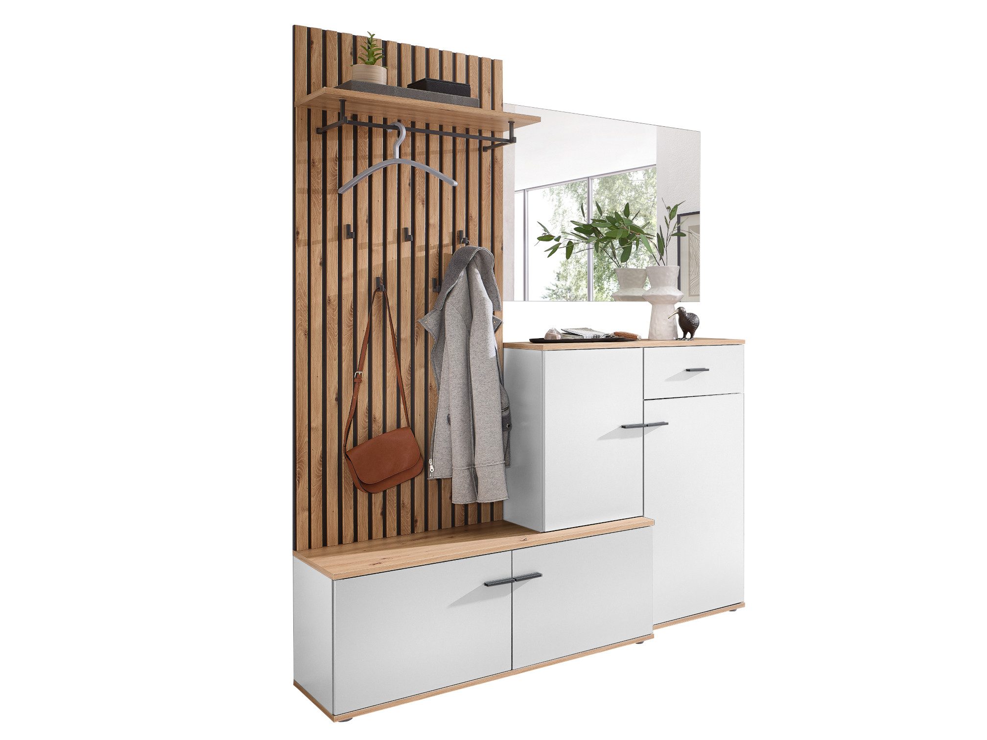 moebel-dich-auf Kompaktgarderobe COMO (Paneel + Schuhschrank + Spiegel, 148 cm breit) Lamellenoptik