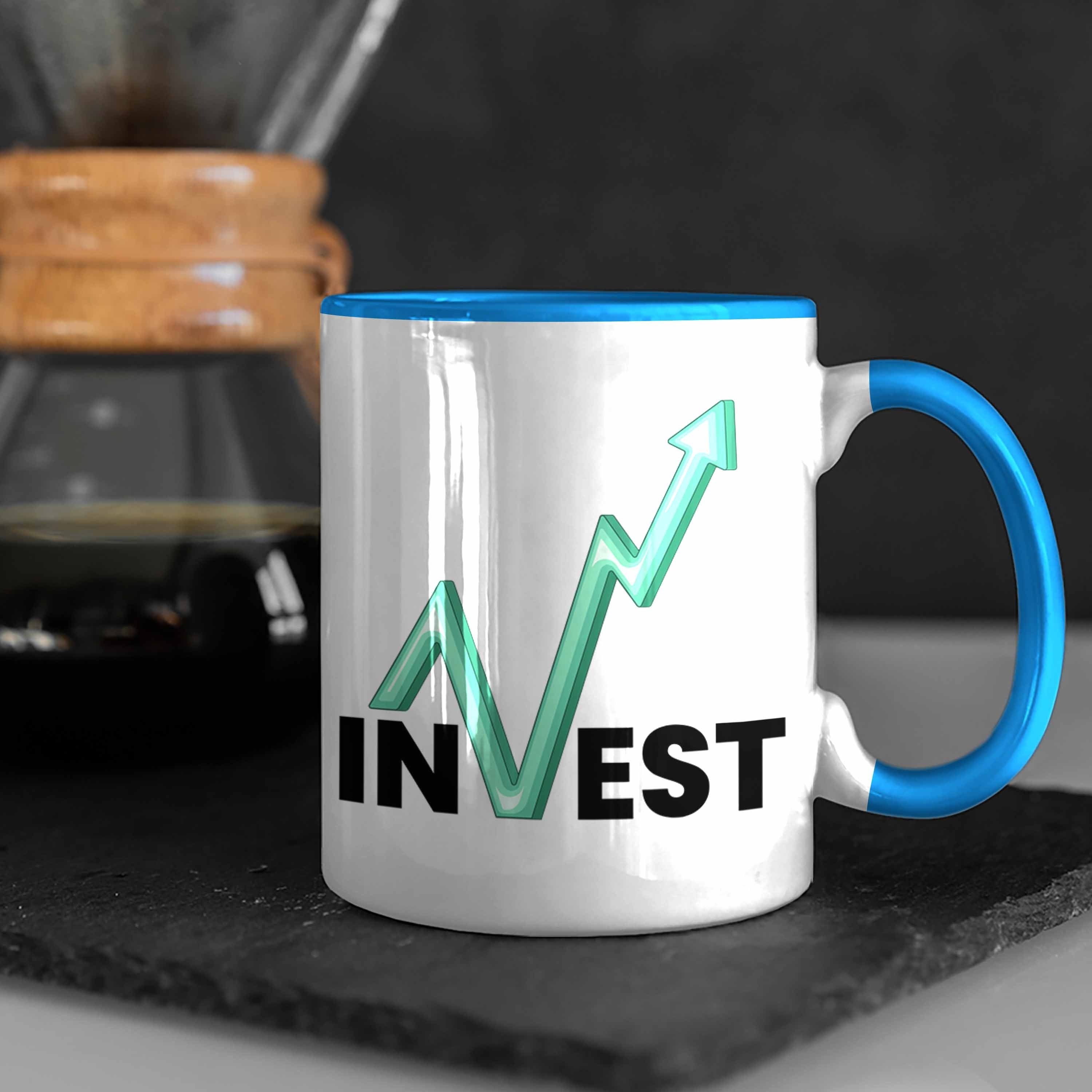 Trendation Tasse "Invest" Tasse Trader Blau Geschenk Aktien für Li und Investment Börsenfans