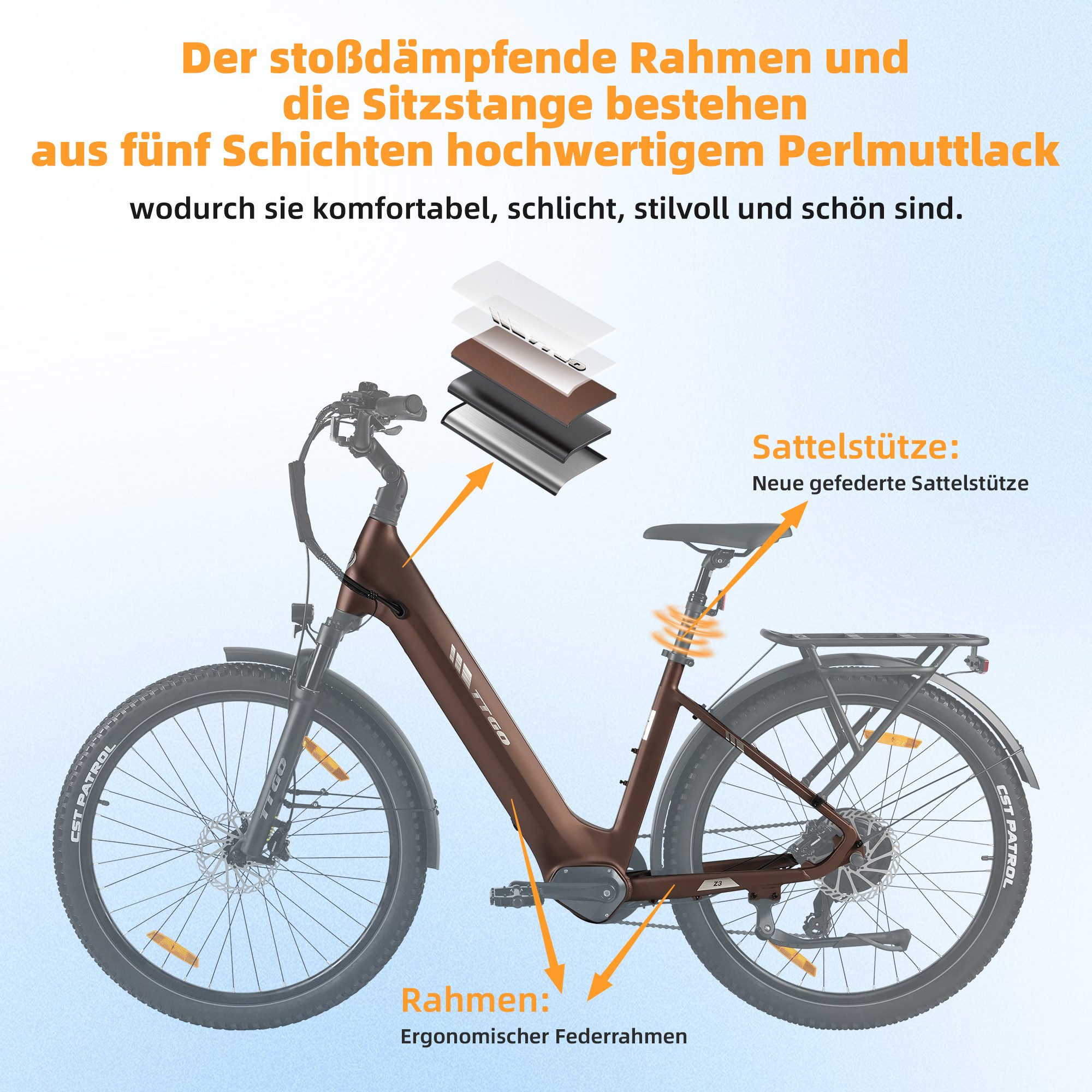 TTGO E-Bike Cityrad 28 Zoll, 70Nm Hinterradmotor, bis zu 120km, Federsattelstütze, 7 Gang SHIMANO, Kettenschaltung, Heckmotor, 720 Wh, Z3, Farbdisplay, Elektrof – Bild 5 von 5