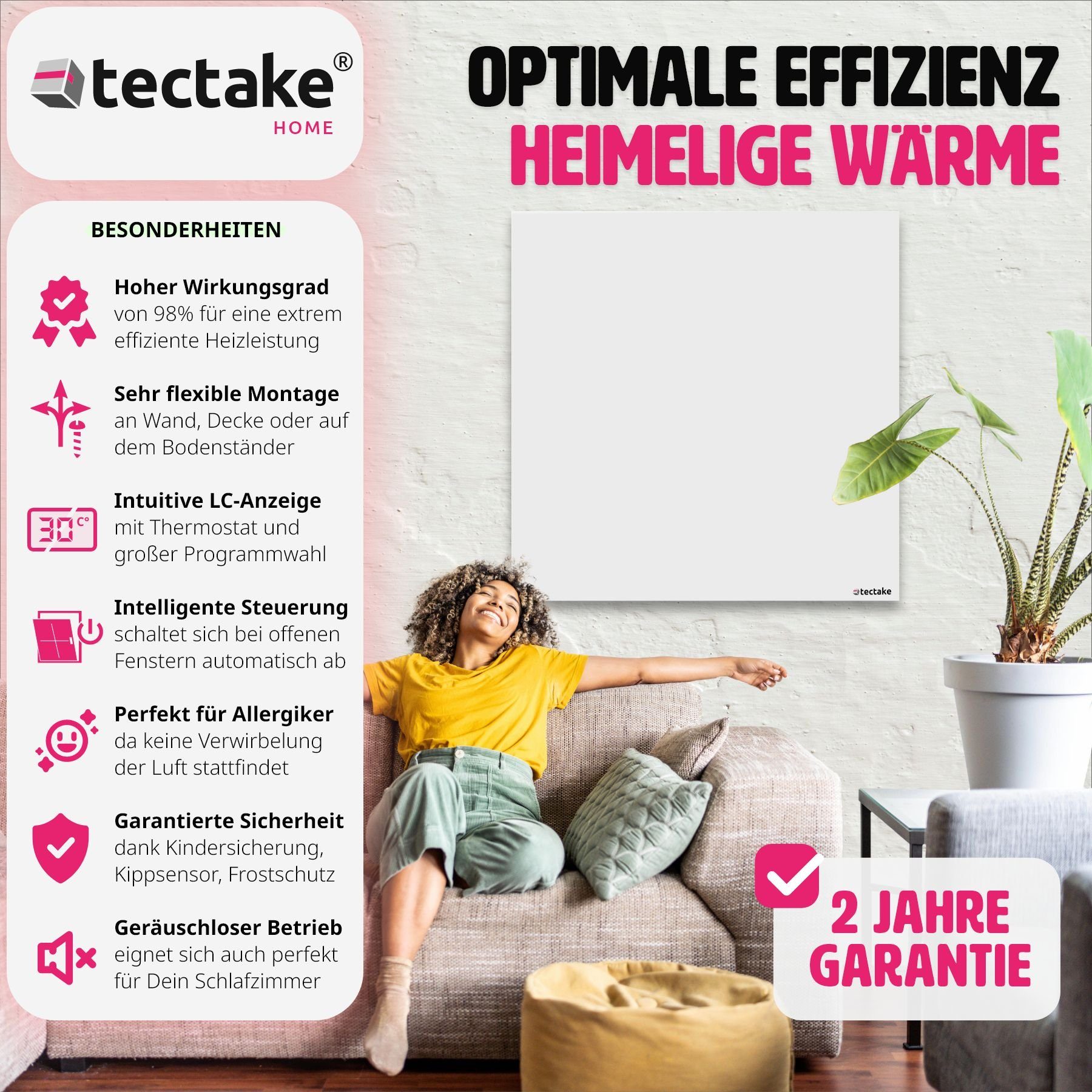 tectake Heizkörper Infrarotheizung, rahmenlos mit Thermostat