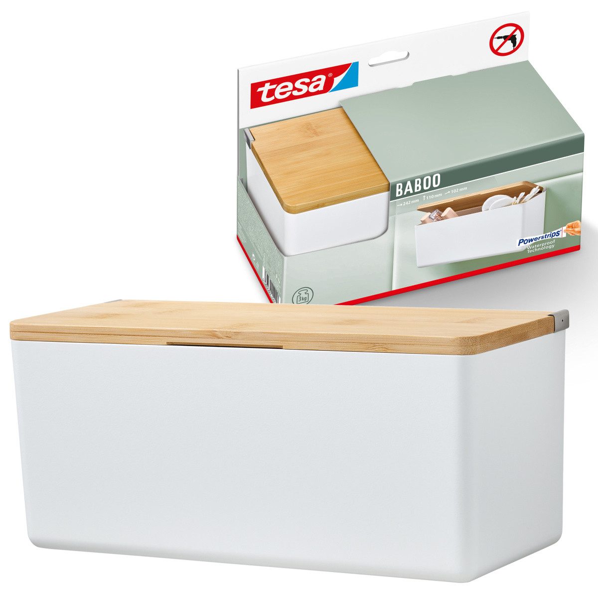 tesa Organizer Baboo Bad-Aufbewahrungsbox mittel (1 St), Badezimmer Aufbewahrungslösung, Badregal zur Wandmontage ohne Bohren