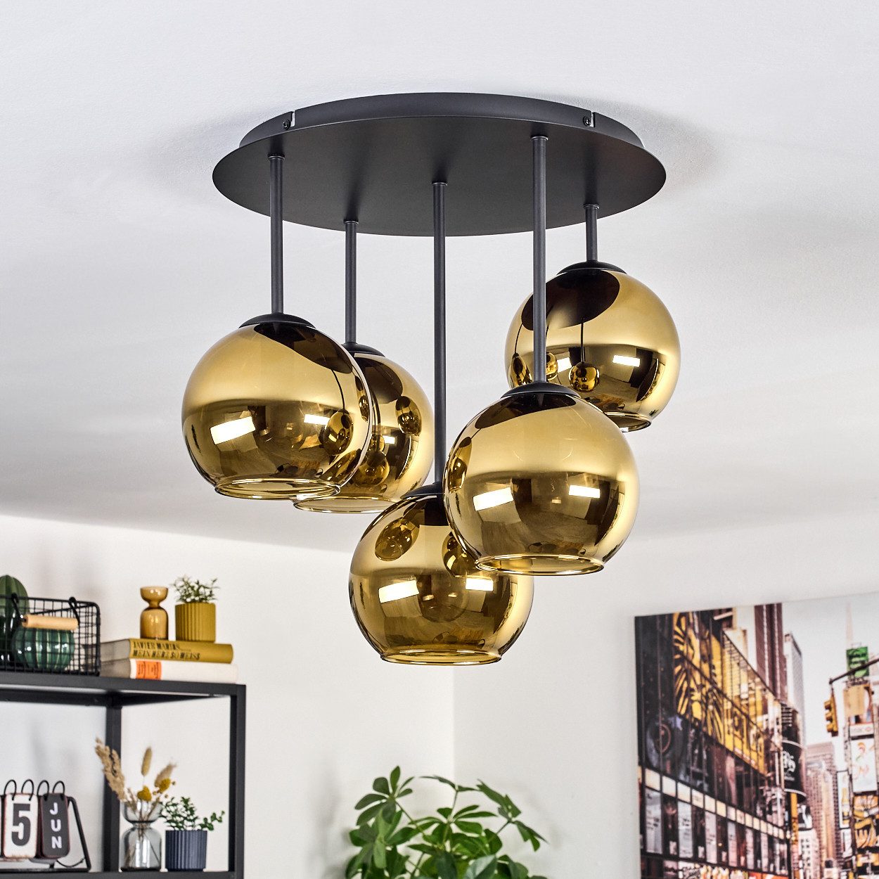 hofstein Deckenleuchte Deckenlampe aus Metall/Glas in Schwarz/Goldfarben, Deckenleuchte im Retro/Vintage-Design (Schirme Ø 15 cm), 5 x E14