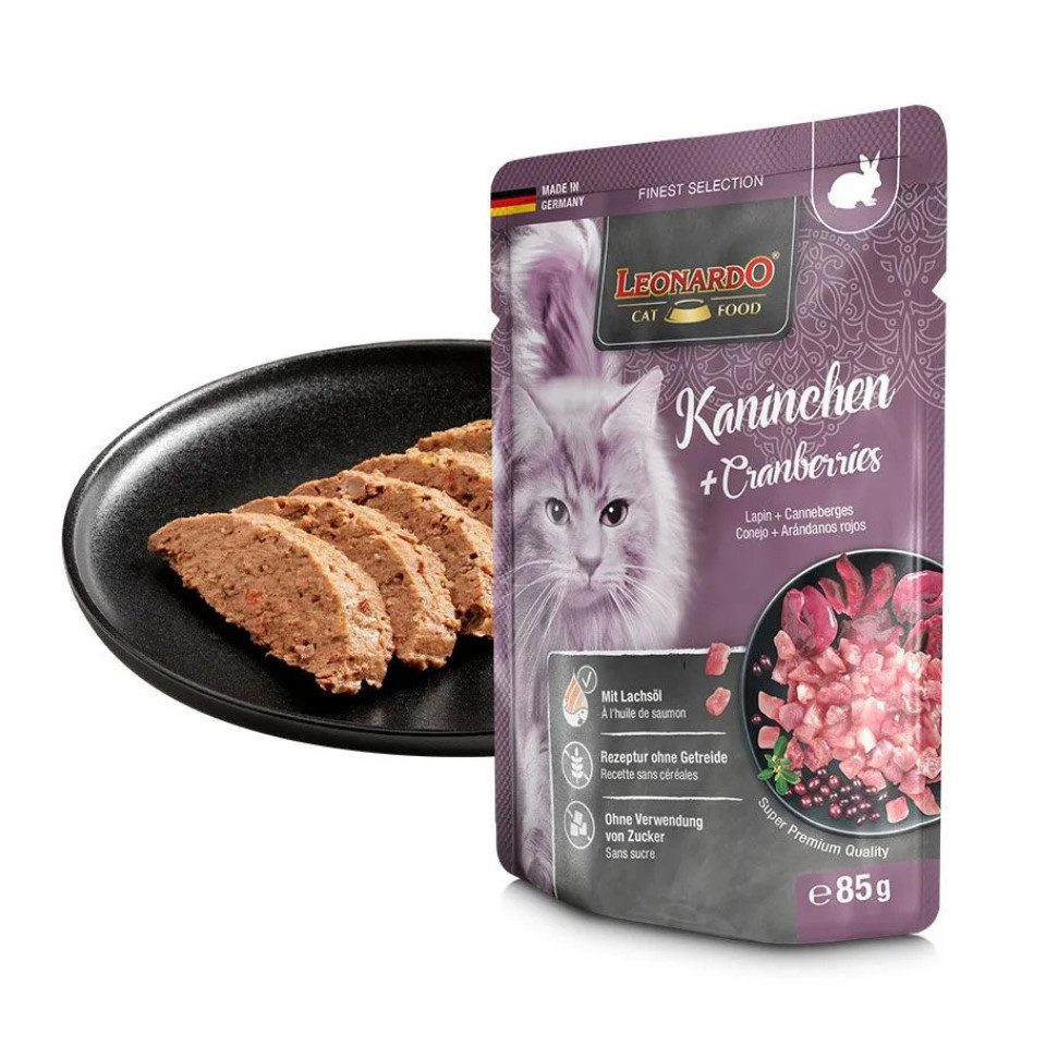 Leonardo Catfood Kaninchen & Cranberries - getreidefreies Nassfutter mit Lachsöl 16x85g, Nassfutter für: Katzen