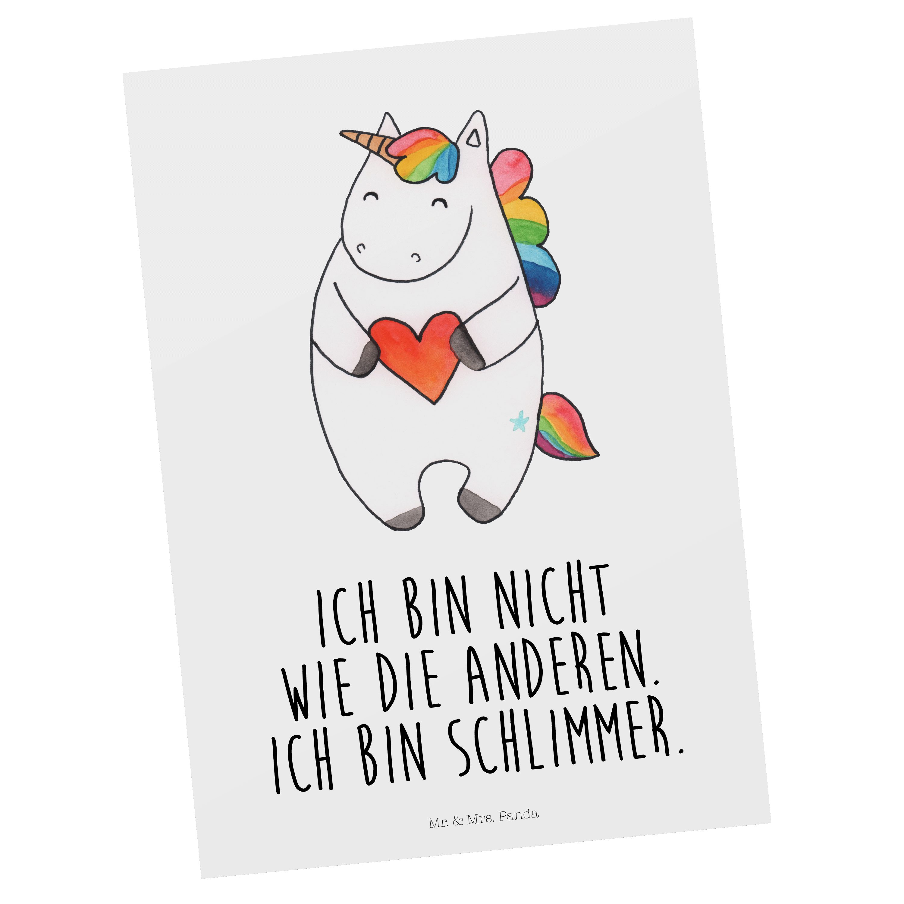 Mr. & Mrs. Panda Postkarte Einhorn Herz - Weiß - Geschenk, Geburtstagskarte, Karte, Unicorn, Ges