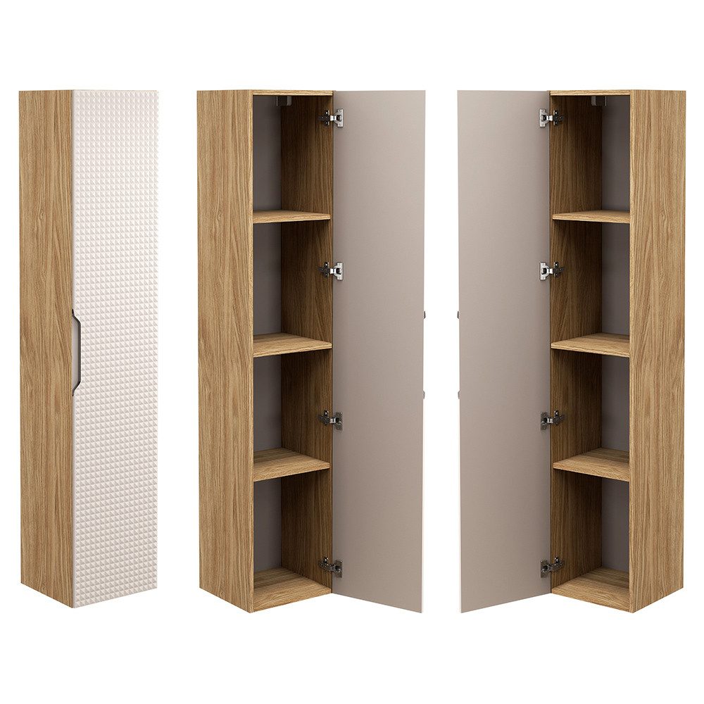 Lomadox Hochschrank LONDON-56-BEIGE Badezimmerschrank, Eiche mit beige, Front mit 3D-Struktur, Softclose