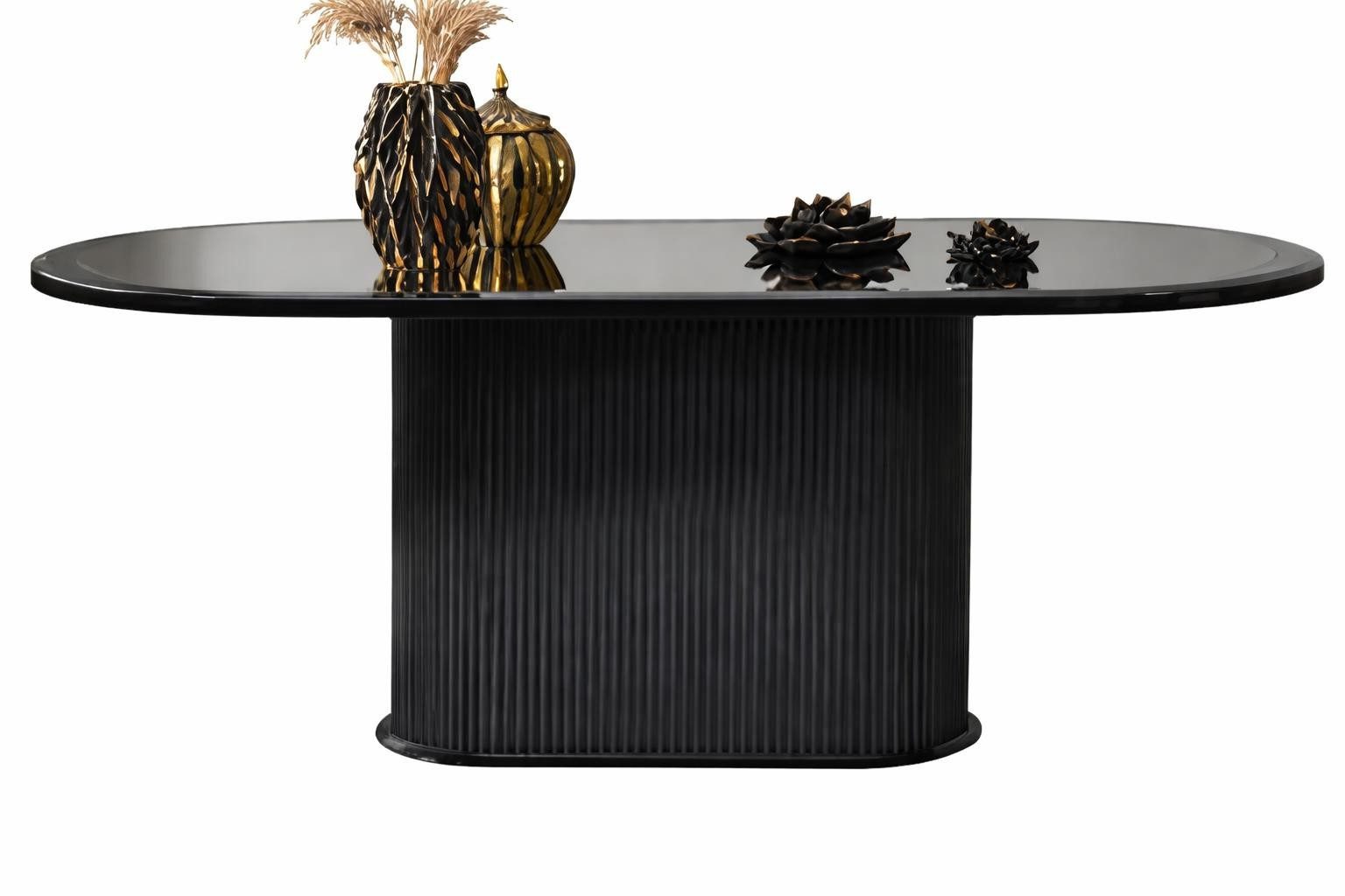 Xlmoebel Esstisch Eleganter Tisch mit schwarzer Glasplatte und ribbeltem Sockel, Made in Europa