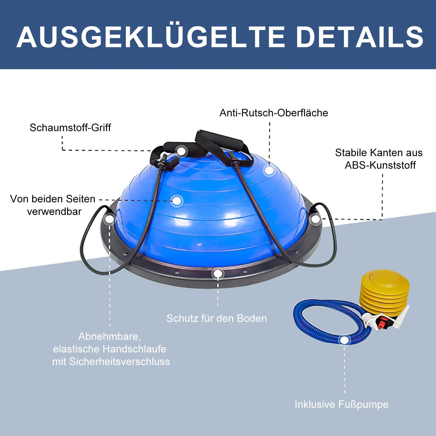 SURFOU Balanceboard Balance Ball Yoga Gleichgewichtstrainer 46cm bis 150 KG belastbar, AntiRutsch Halbkugel Halbball mit Pumpe und 2 Fitnessbändern