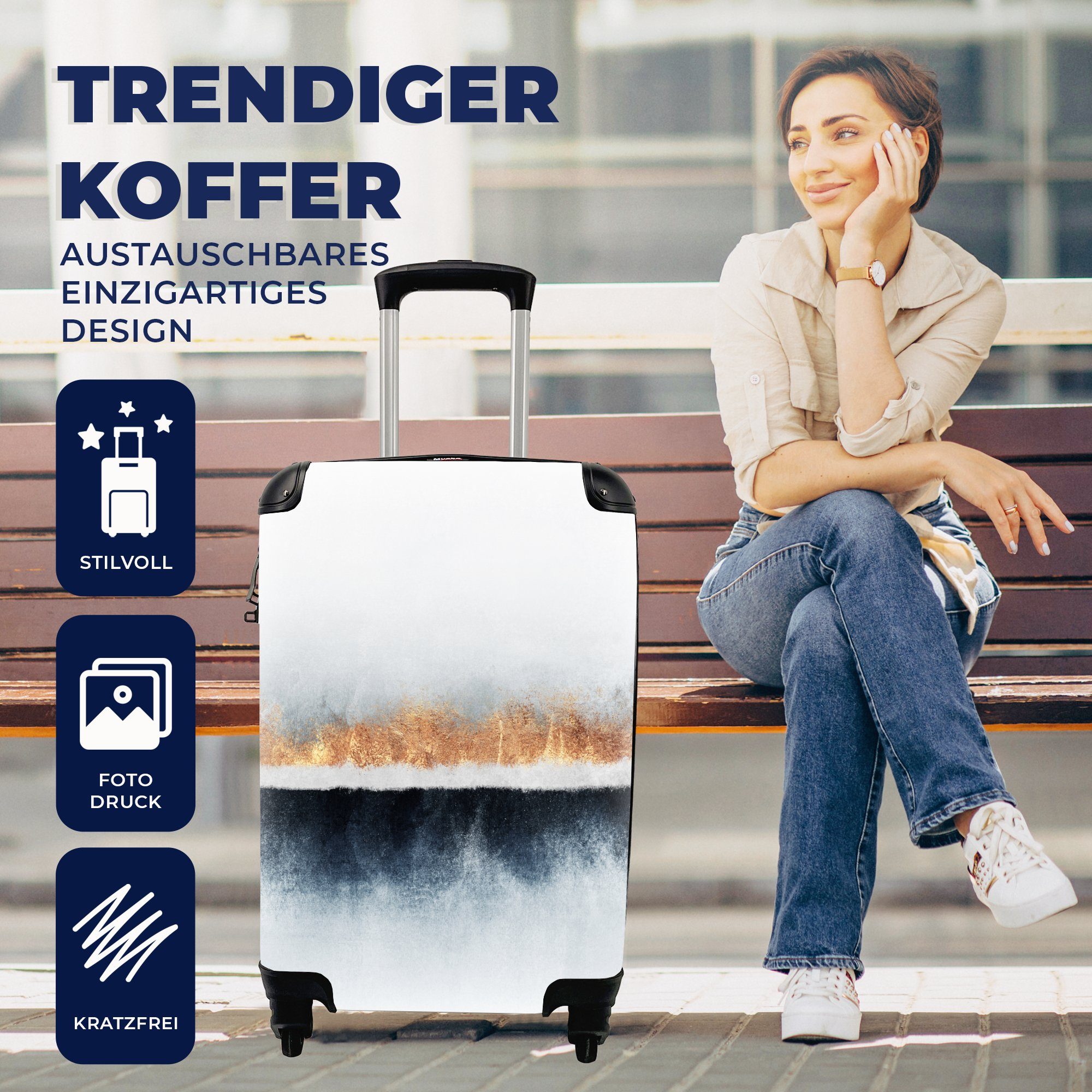 Ferien, - Rollen, Trolley, 4 für Design, Abstrakt Reisekoffer Reisetasche MuchoWow Gold Handgepäckkoffer rollen, mit - Handgepäck