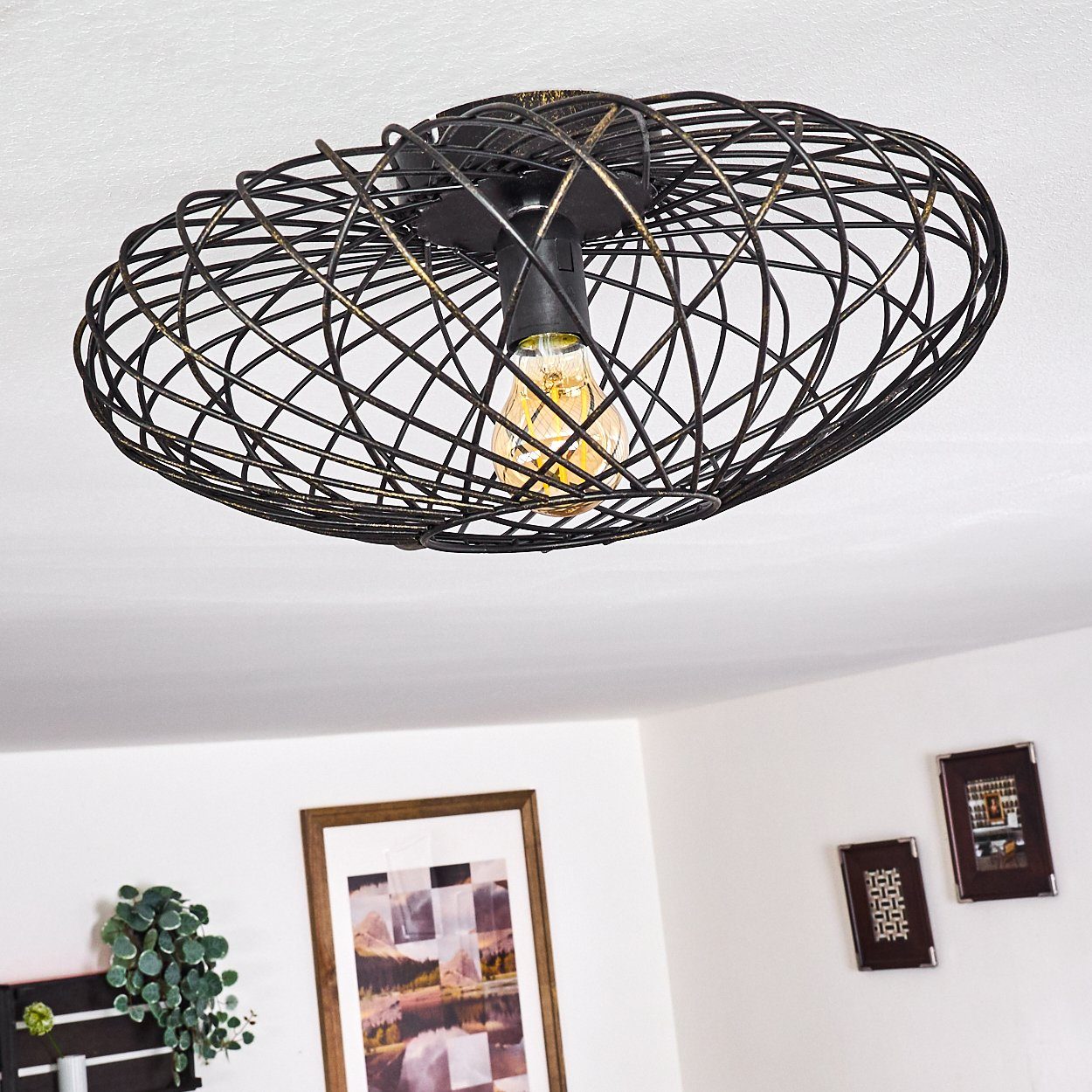 hofstein Deckenleuchte »Pieris« Deckenlampe aus Metall in Schwarz/Gold, ohne Leuchtmittel, E27, Leuchte m. Gitter u. Lichteffekt an der Decke – Bild 2 von 5
