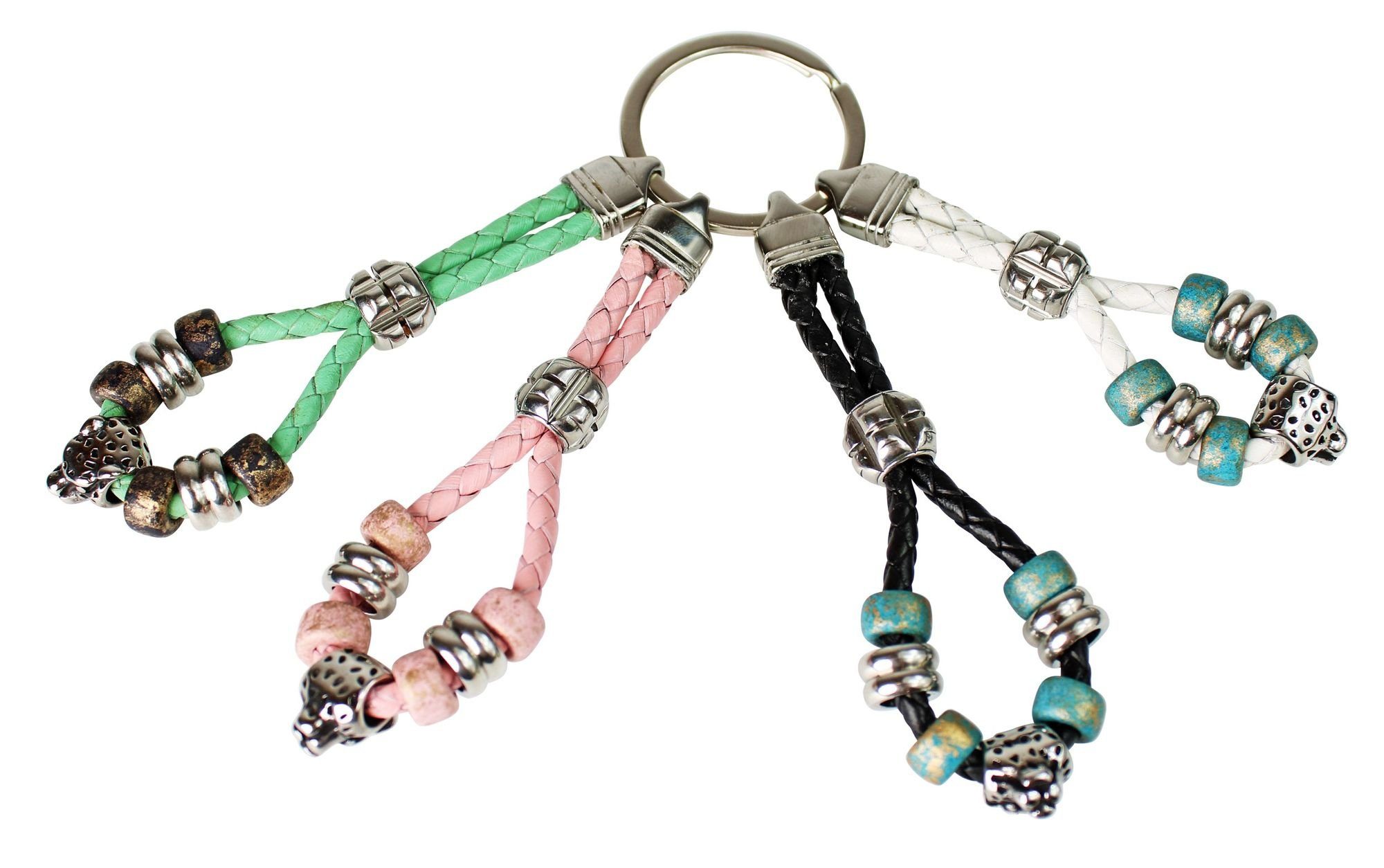 FRONHOFER Schlüsselanhänger 18769, Süßer Schlüsselanhänger mit Gepardkopf und farbigen Perlen Weiß