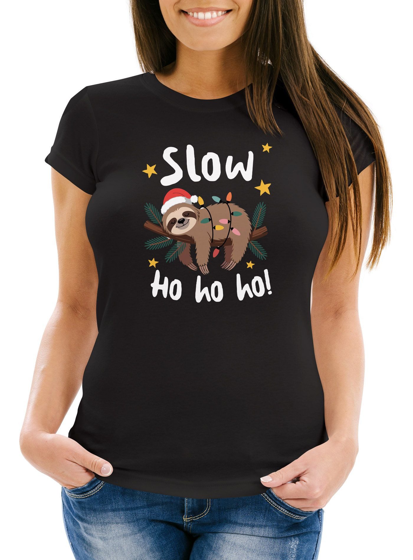 MoonWorks Print-Shirt Weihnachtsshirt Damen Spruch T-Shirt Faultier Spruch Slow Ho Ho mit Print