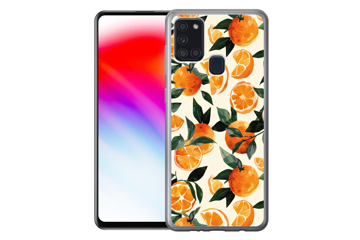 MuchoWow Handyhülle für Samsung Galaxy A21s Orangen - Früchte - Blätter - Orange - Grün -, Smartphone-Bumper, Print, Handy Schutzhülle Dünn