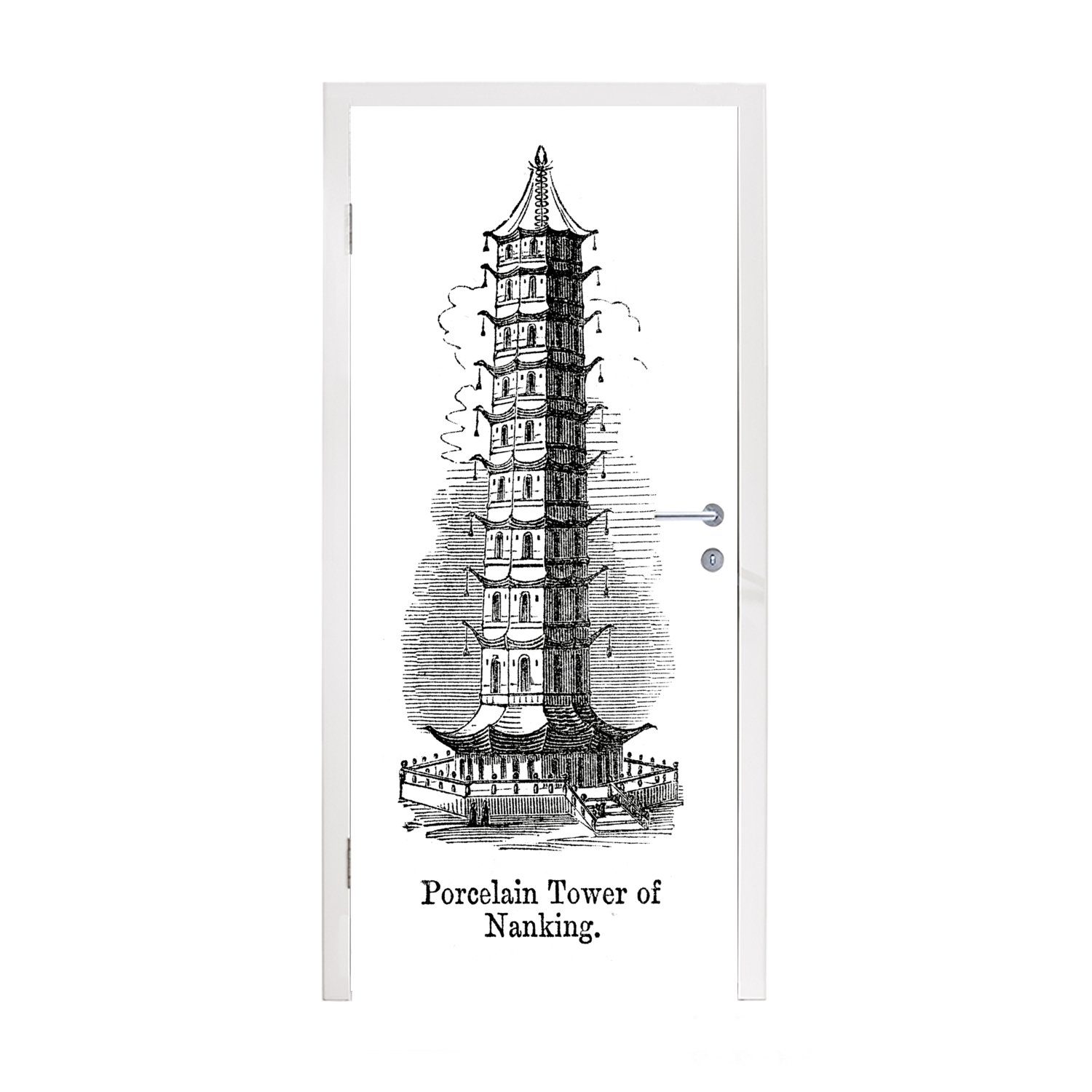 MuchoWow Türtapete Schwarz-Weiß-Abbildung des Porzellanturms in der Stadt Nanjing, Matt, bedruckt, (1 St), Fototapete für Tür, Türaufkleber, 75x205 cm