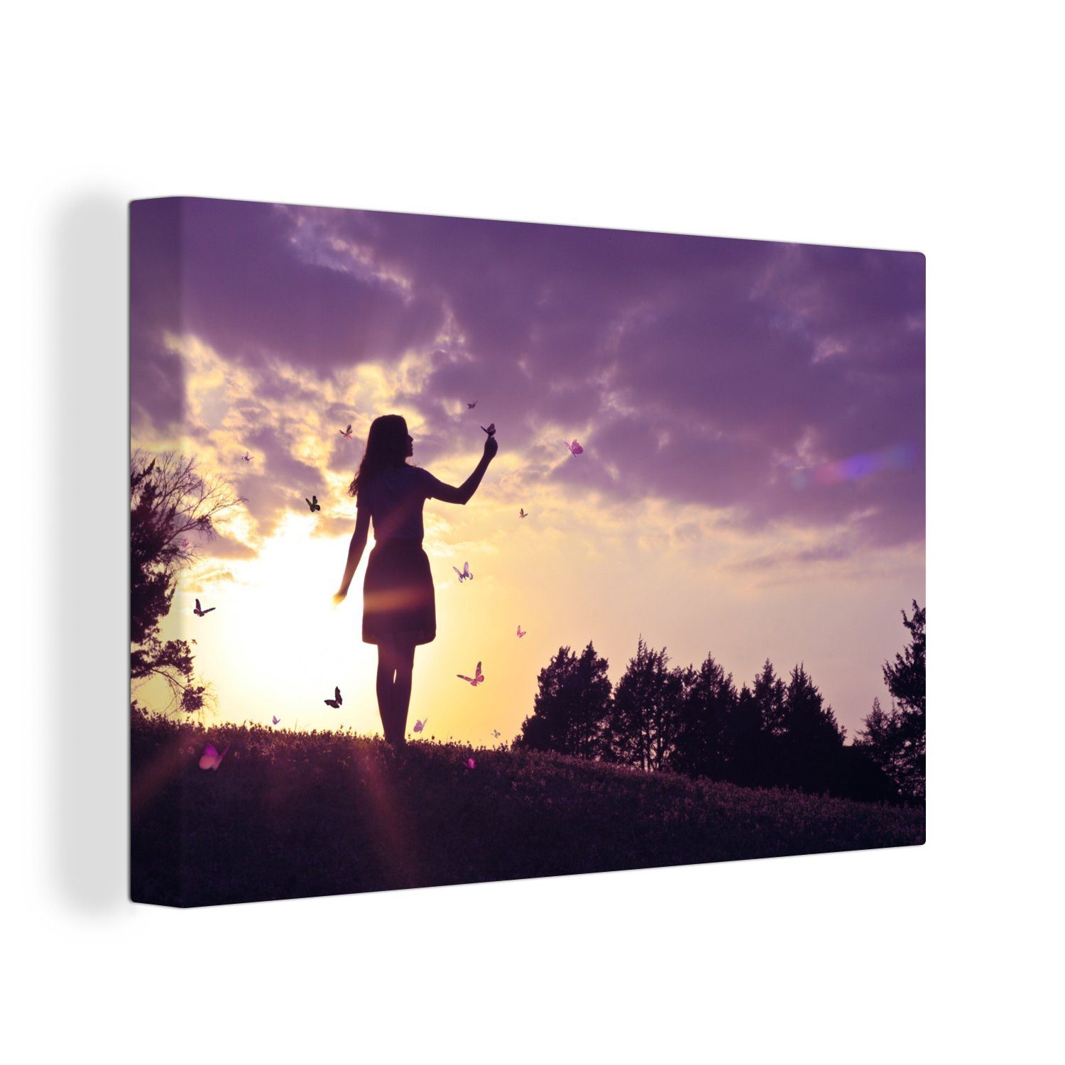 OneMillionCanvasses® Leinwandbild Mädchen umgeben von St), (1 Himmel, und einem Wanddeko, Wandbild Schmetterlingen 30x20 schönen Aufhängefertig, cm Leinwandbilder