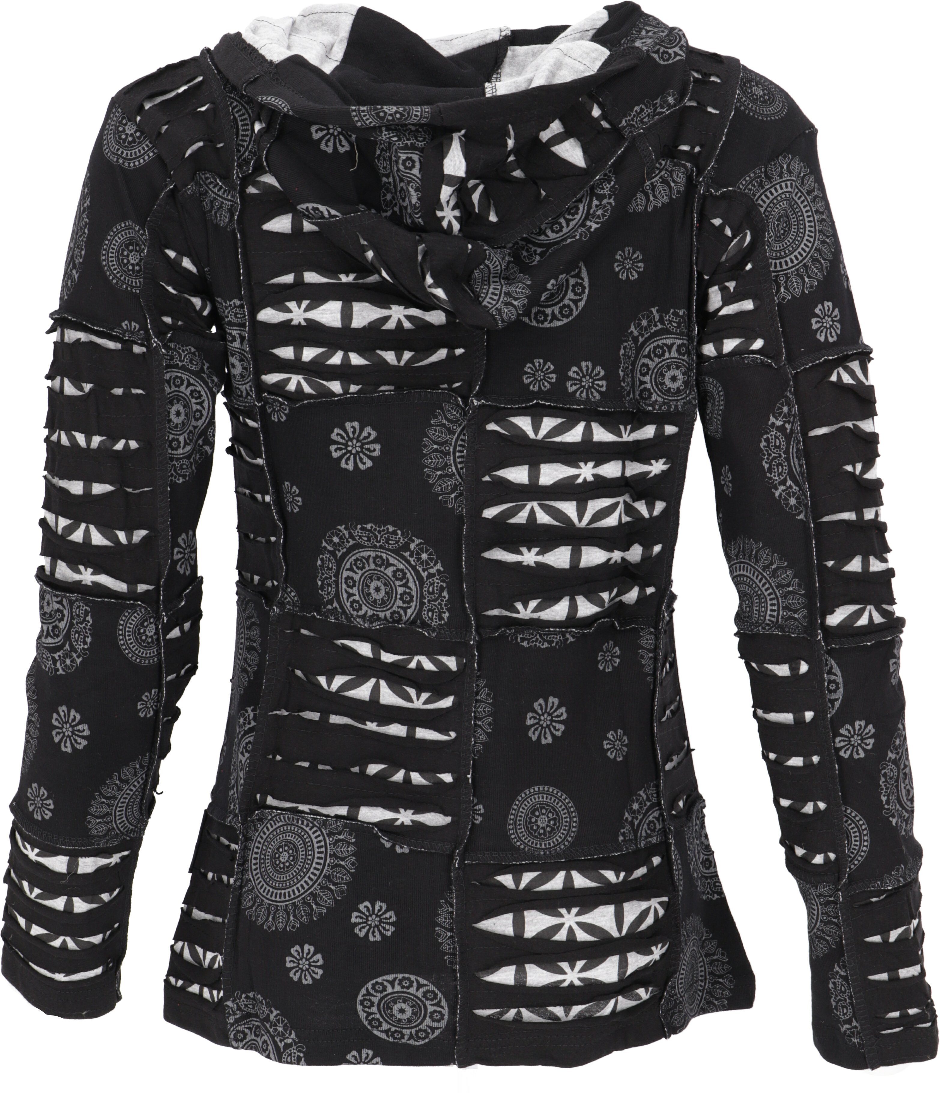 Guru-Shop Langjacke Goa Patchwork Jacke, Boho Kapuzenjacke - schwarz alternative Bekleidung