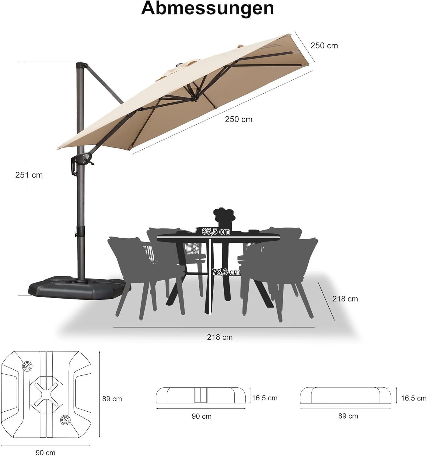 PURPLE LEAF Sonnenschirm Quadratischer Alu Außenbereich Ampelschirm mit Schirmständer, LxB: 250,00x250,00 cm, 360°Rotation, Sonnenschutz UV50+, für Garten, Terrasse, Pool, Balkon