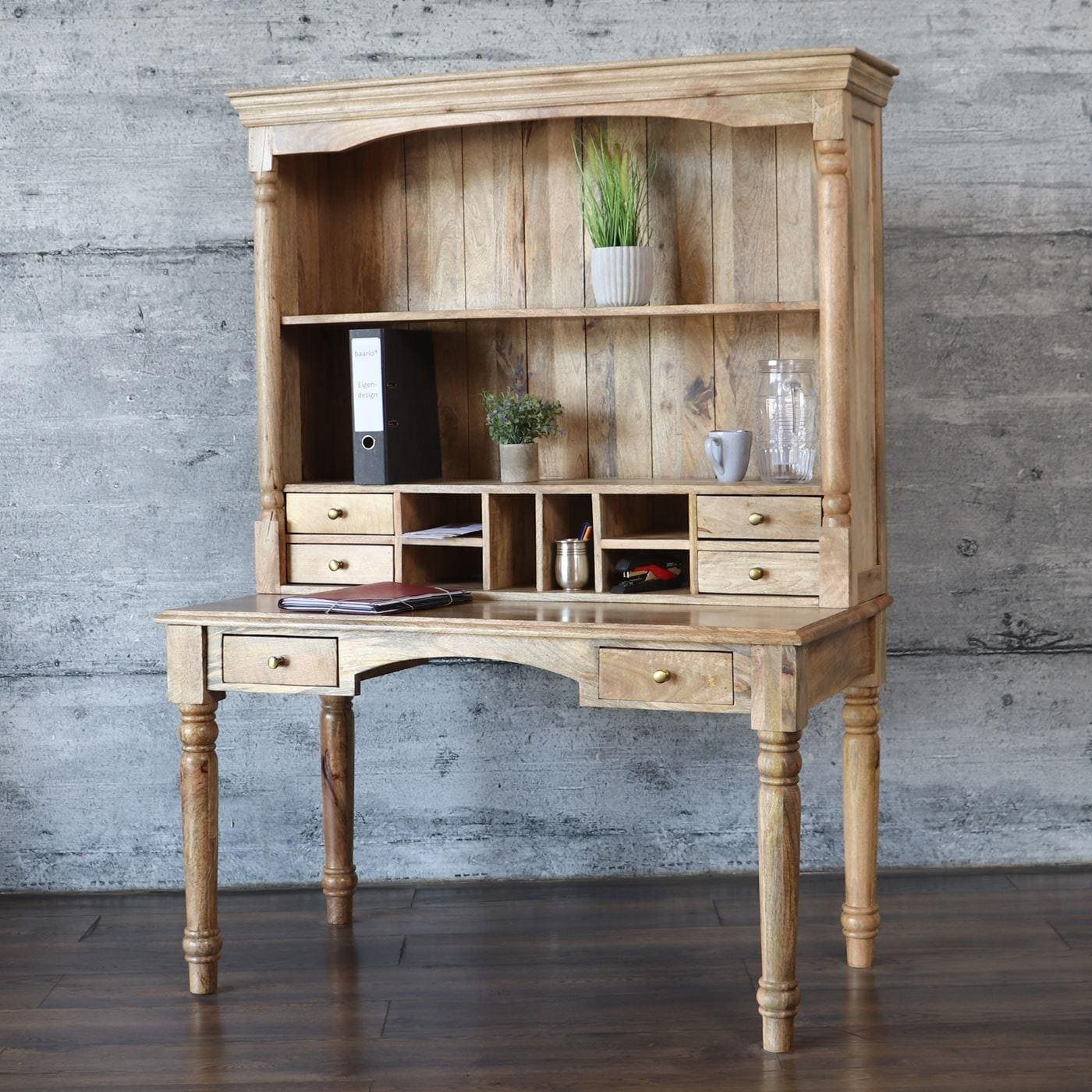 baario Schreibtisch Sekretär DOLE mit Aufsatz, braun massiv Antik Design Landhaus