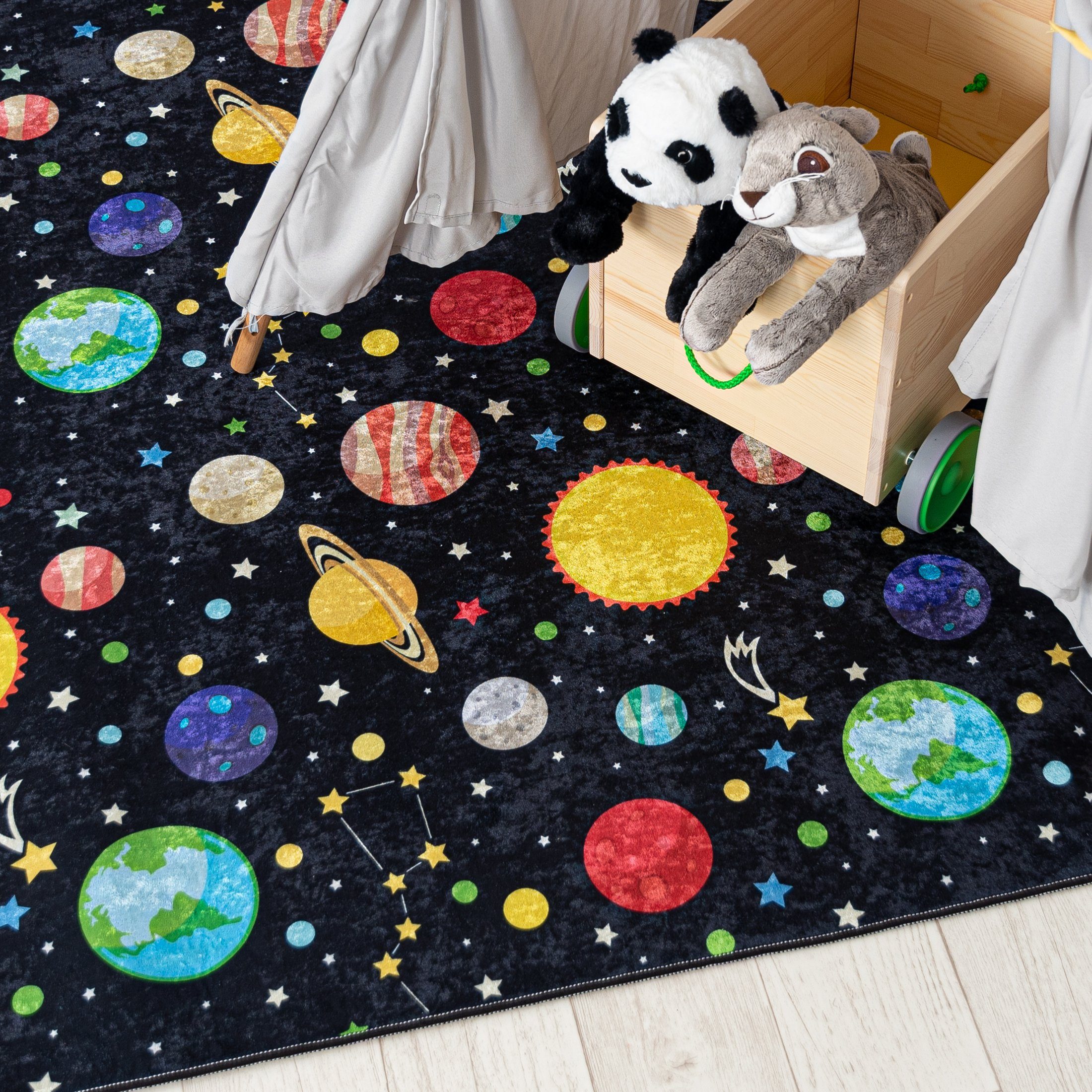 Mazovia Kinderteppich Kinderteppich Kinderzimmerteppich Planeten Weltraum, 80 x 150 cm, Kurflor, Waschbar in Waschmaschine, Höhe 5 mm, Rutschfest