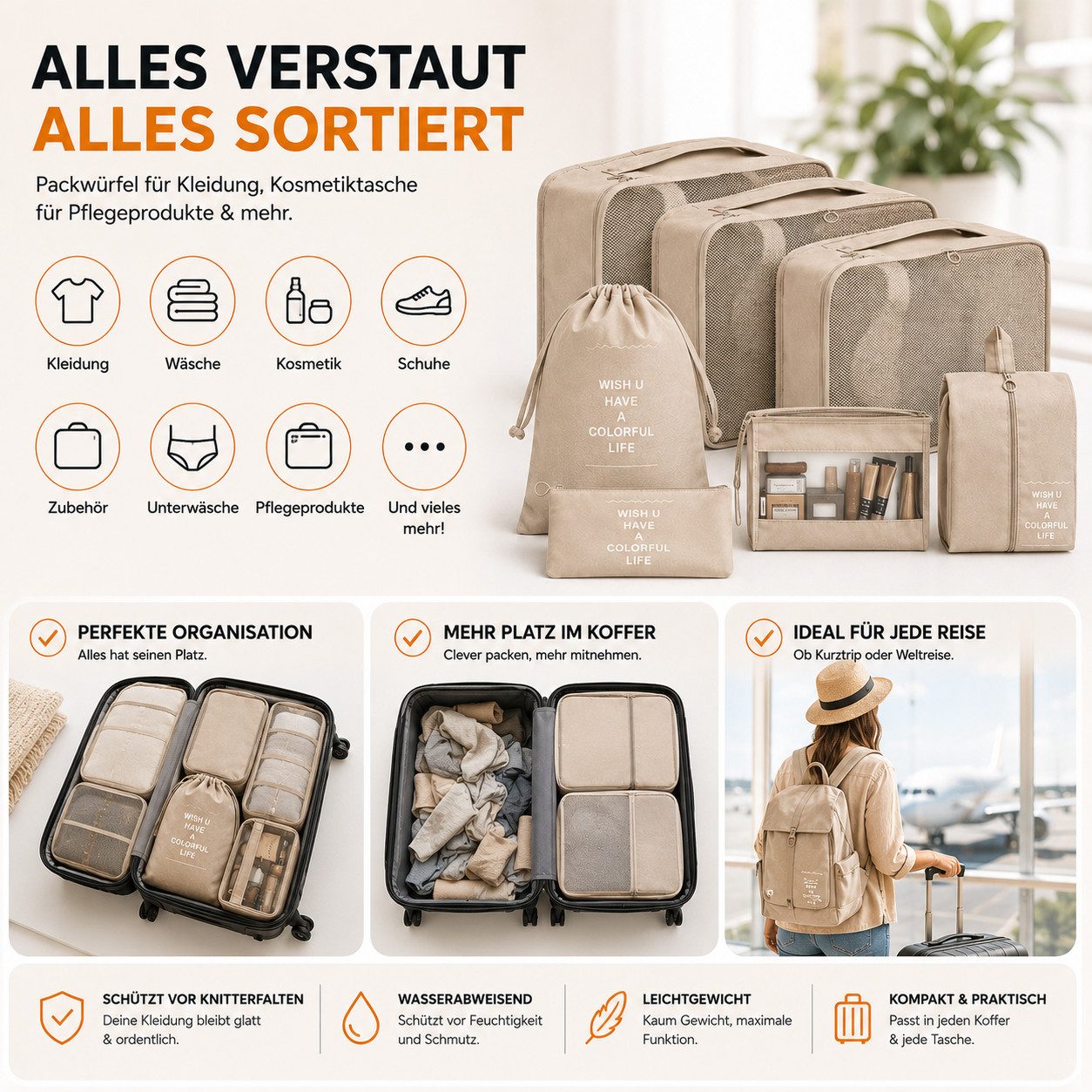 Travelfreund® Kofferorganizer 8-teiliges Kofferorganizer-Set mit Packtaschen und Kosmetiktasche (Set, 8-tlg., 8x Packtaschen), Faltbar / Verstaubar / Wasserabwe – Bild 5 von 5