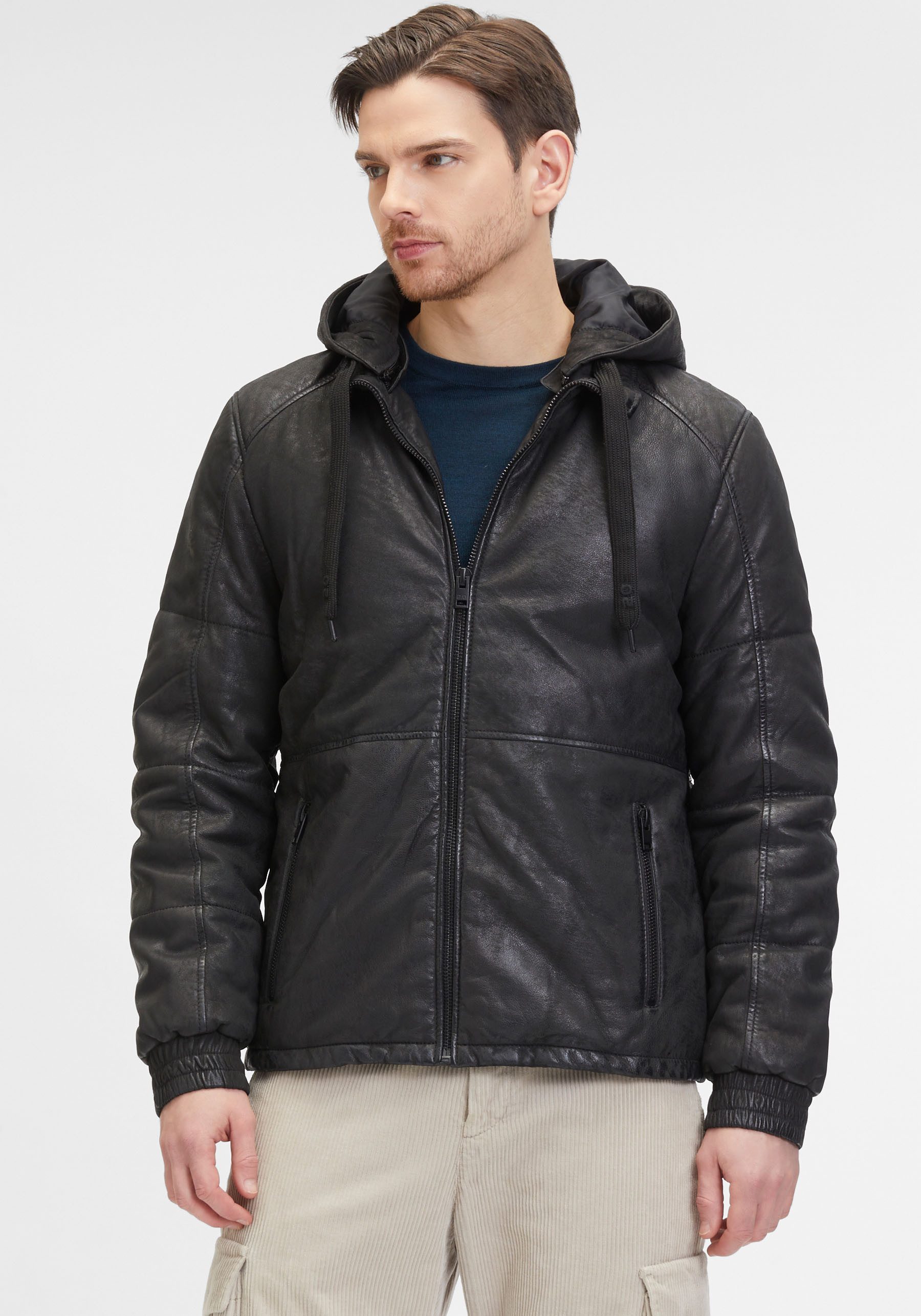 Mauritius Lederjacke G2MAbito OS mit Kapuze, Reißverschluss, Raglanärmeln, Wattierung