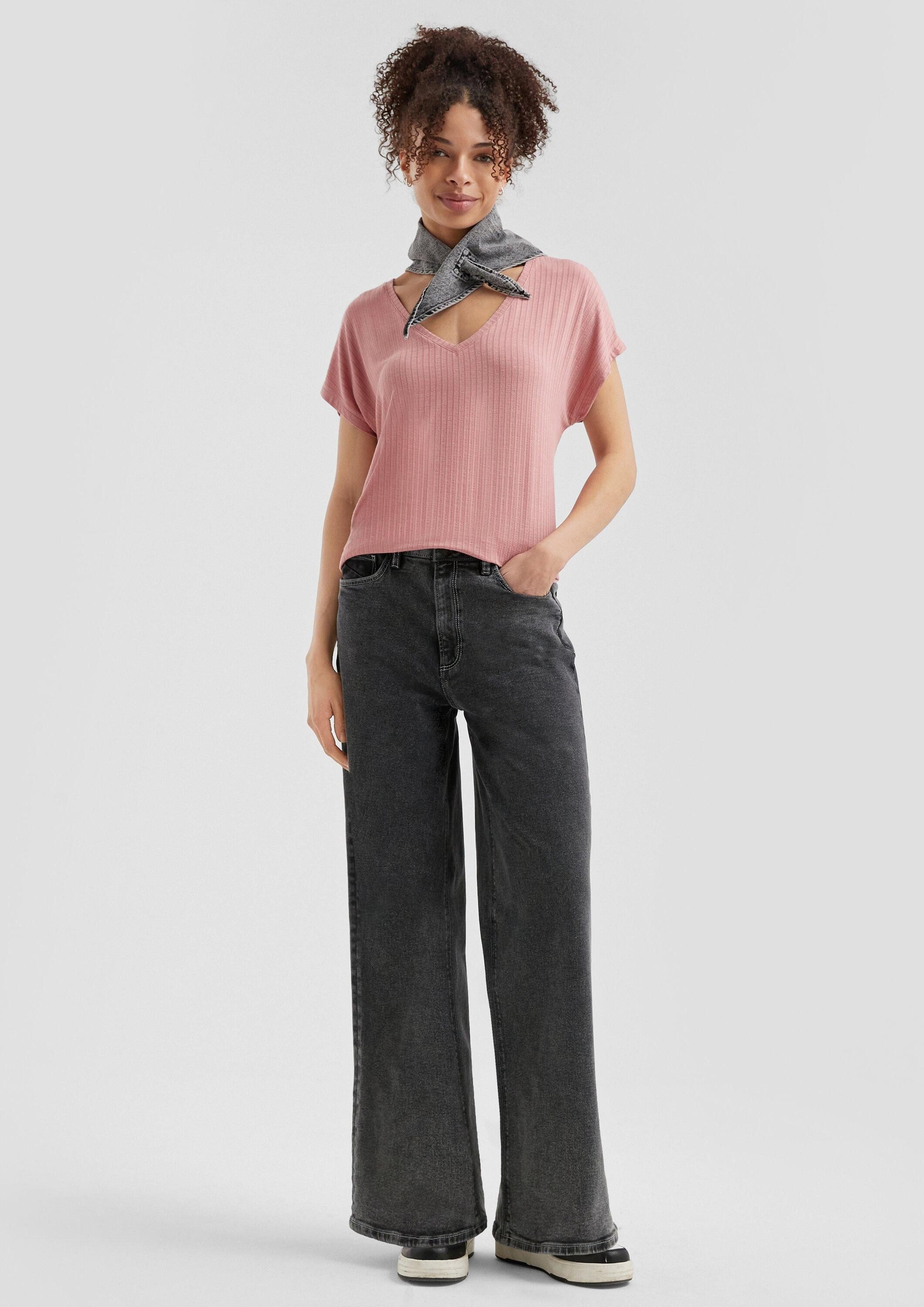QS Kurzarmshirt T-Shirt Fließendes Oversize-Shirt mit Rippstruktur
