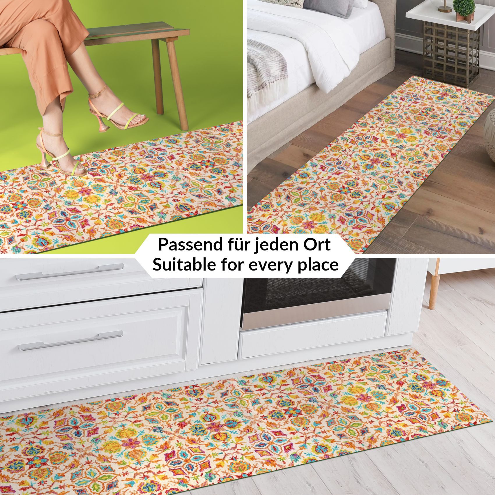 ANRO Küchenläufer GreenLine Teppichläufer Textil, Rechteckig, Höhe: 3 mm, Bodenläufer 100cm Abbraccio Bunt pflegeleicht