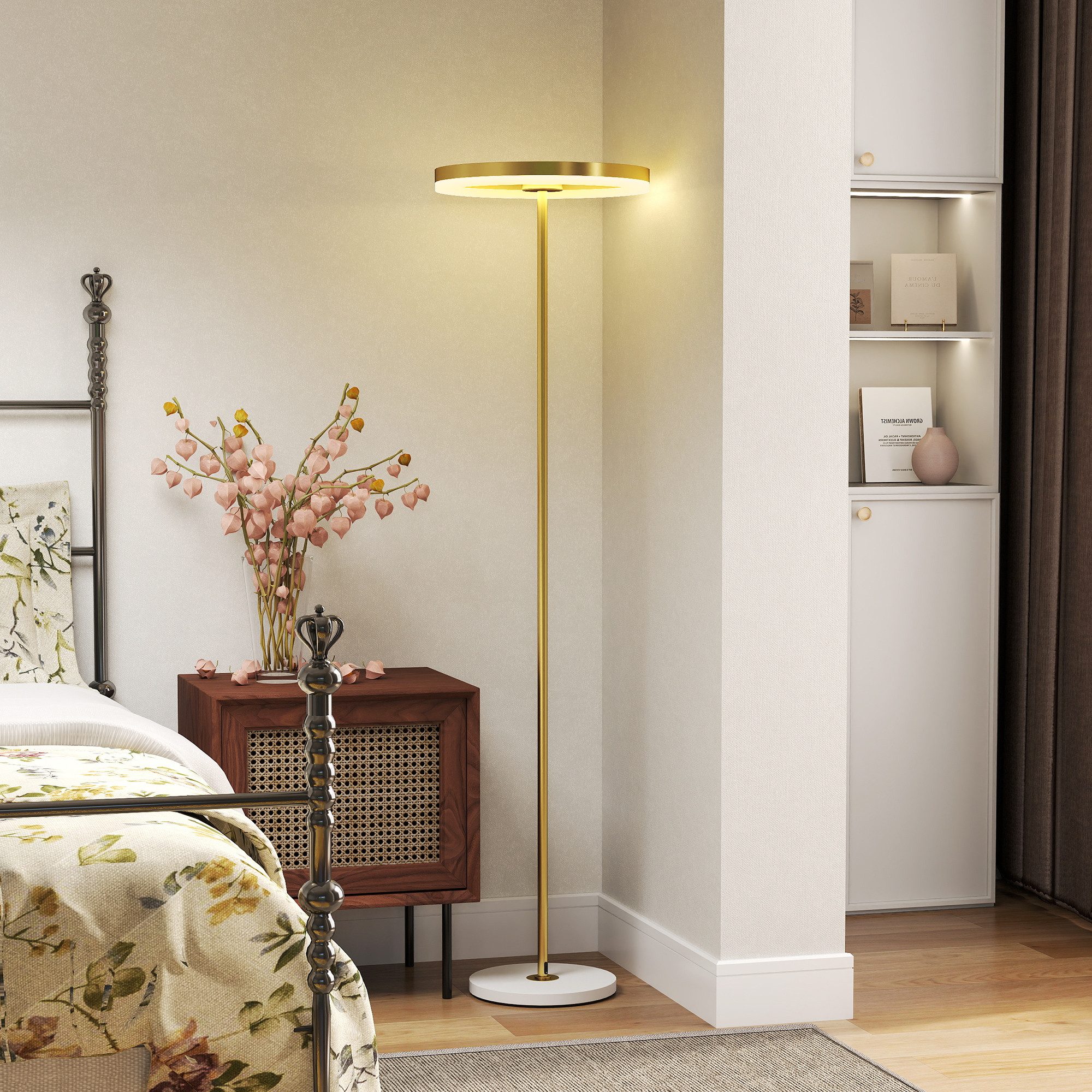 HOMCOM Stehlampe LED Dimmbar Stehleuchte mit 3 Lichtfarben, Fußschalter, LED, Wohnzimmer, Schlafzimmer, Gold