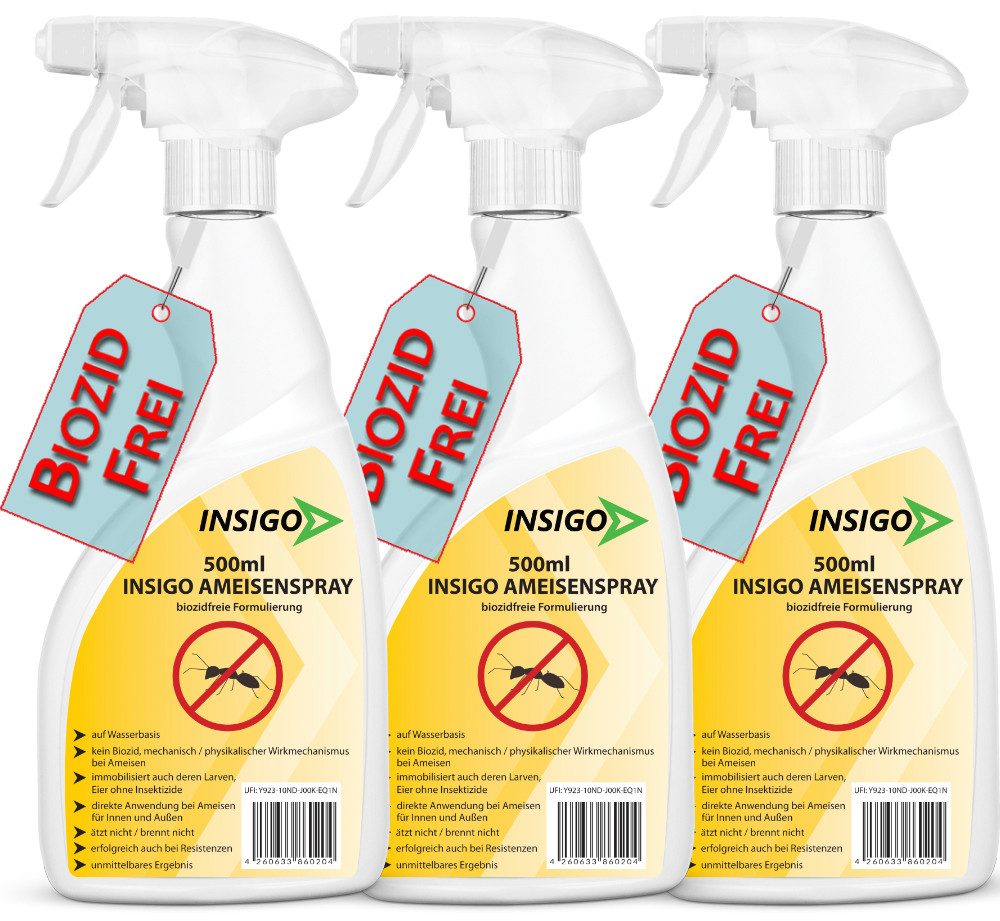 INSIGO Insektenspray Ameisen Spray gegen Ameisen, Larven & Eier, 1.5 l, 1500 ml, 3-St., biozidfreie Formel, auf Wasserbasis, geruchsarm, brennt / ätzt nicht