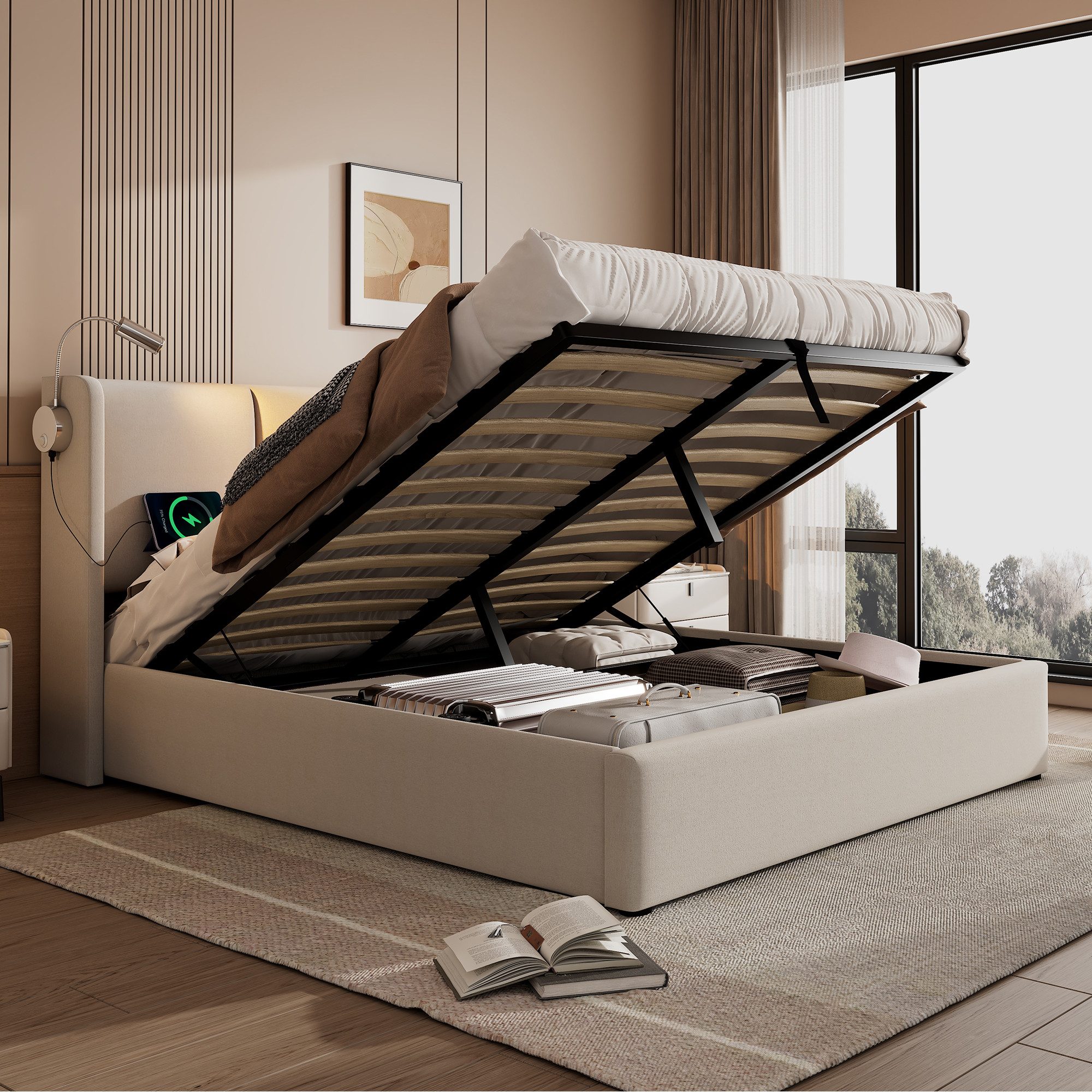 Flieks Polsterbett, Leinen Hydraulisches Stauraumbett Leselicht 160x200cm günstig online kaufen