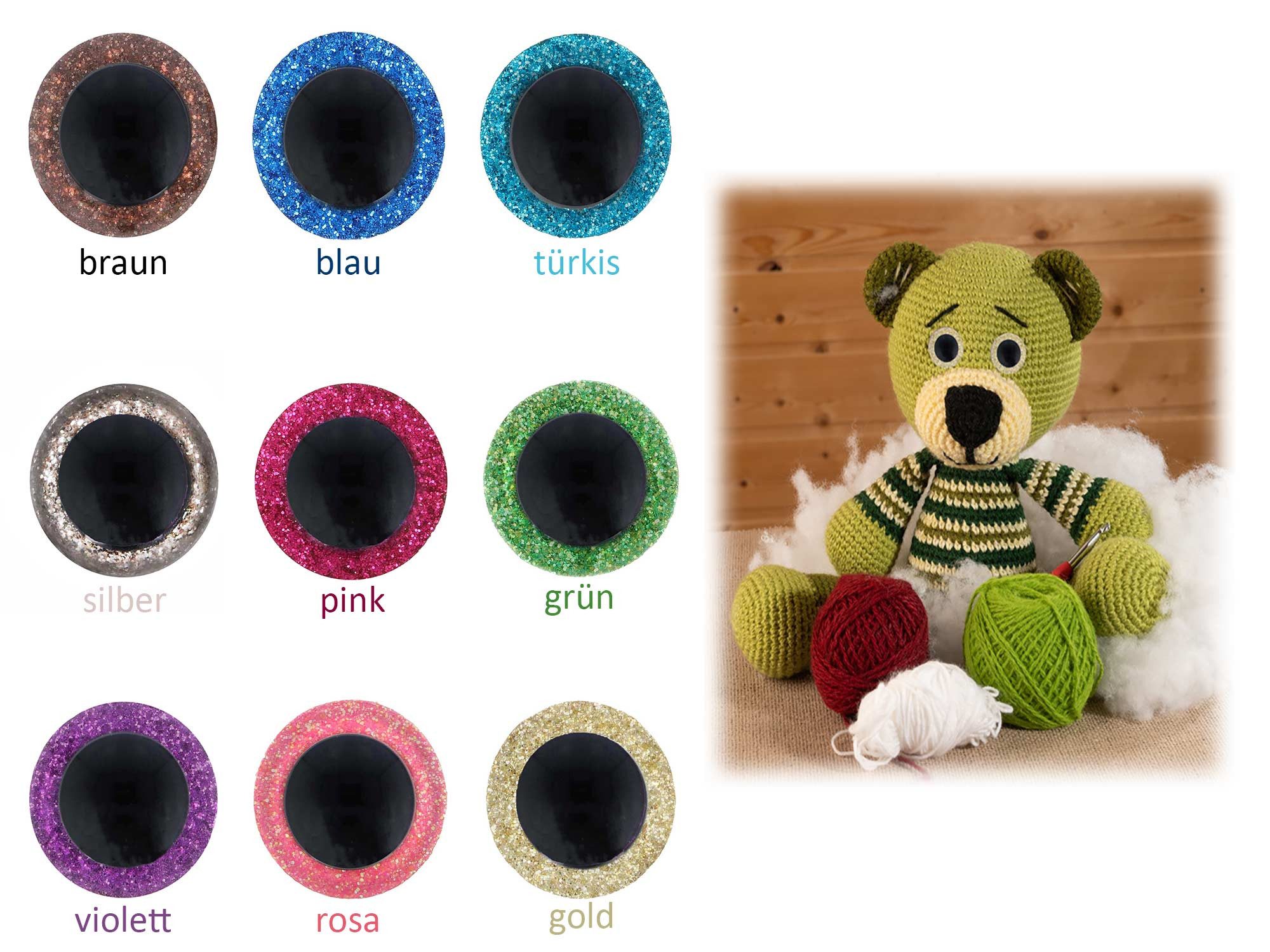 maDDma Puppen Accessoires-Set AA Glitzeraugen 1 Paar 12mm hohe Kuppel, silber – Bild 4 von 4