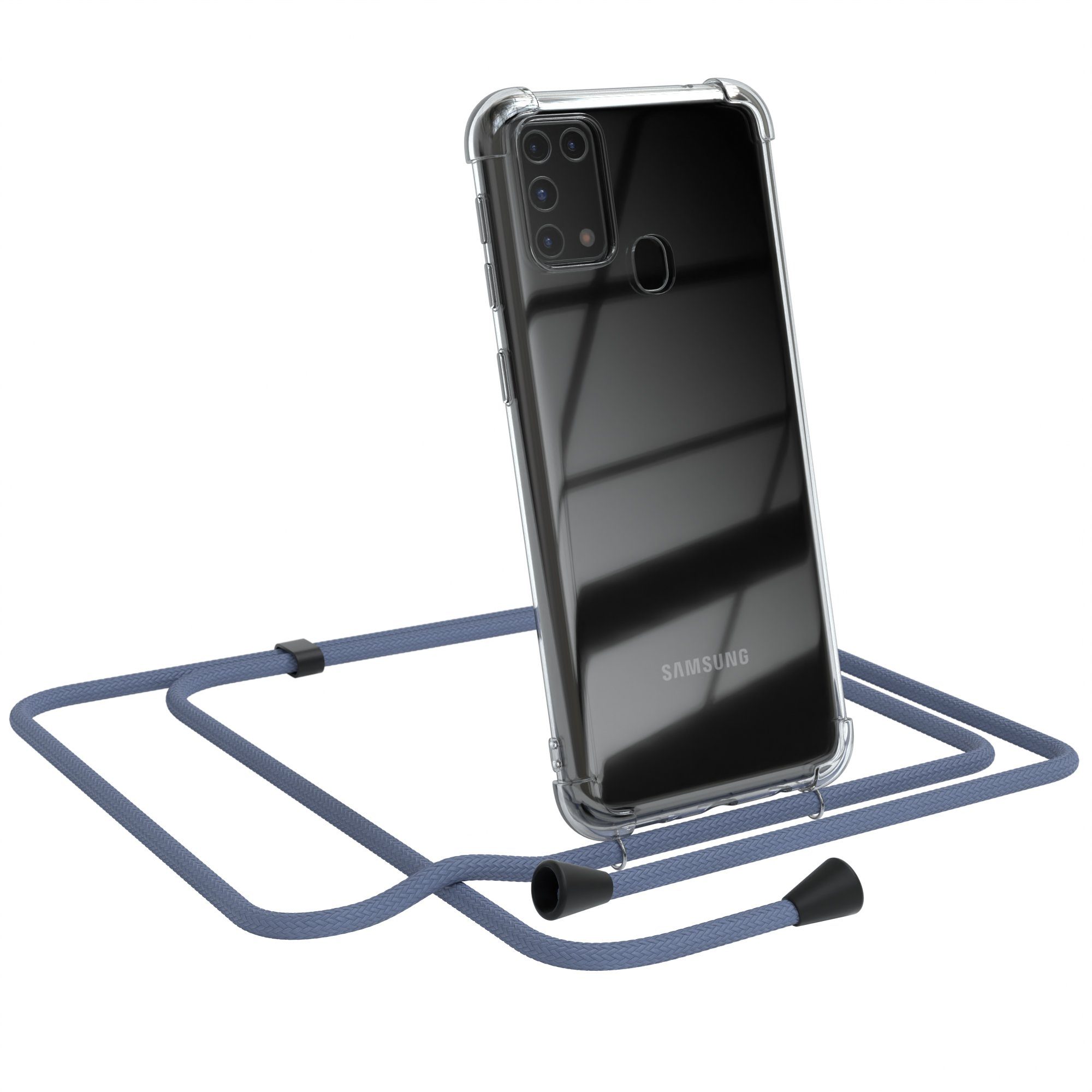 EAZY CASE Handykette Kette Clips Schwarz für Samsung Galaxy M31 6,4 Zoll, Silikonhülle Transparent Handyhülle mit Kordel Kette zum Umhängen Blau