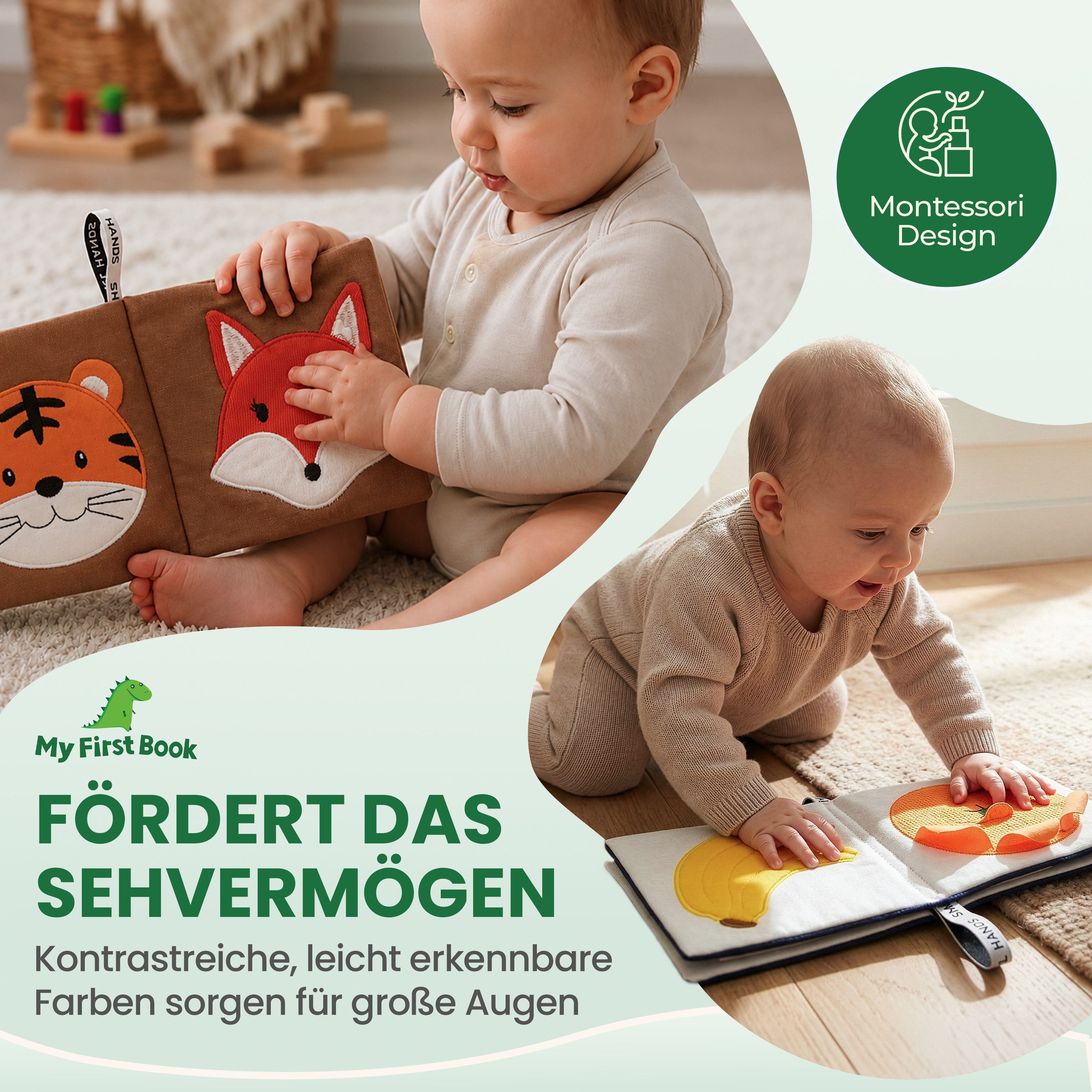 My First Book Stoffbuch Small Hands, Baby Fühlbuch, 0-12 Monate, Baby Spielzeug, Fühlbuch Stoffbuch waschbar, Montessori ab 0 Monate