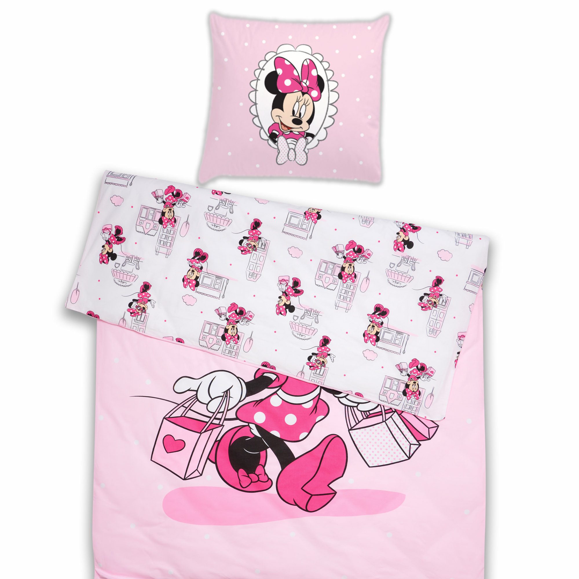 BERONAGE Wendebettwäsche Minnie Mouse Shopping Bettwäsche Linon / Renforcé, 100% Baumwolle, 2 teilig, 135x200 + 80x80 cm