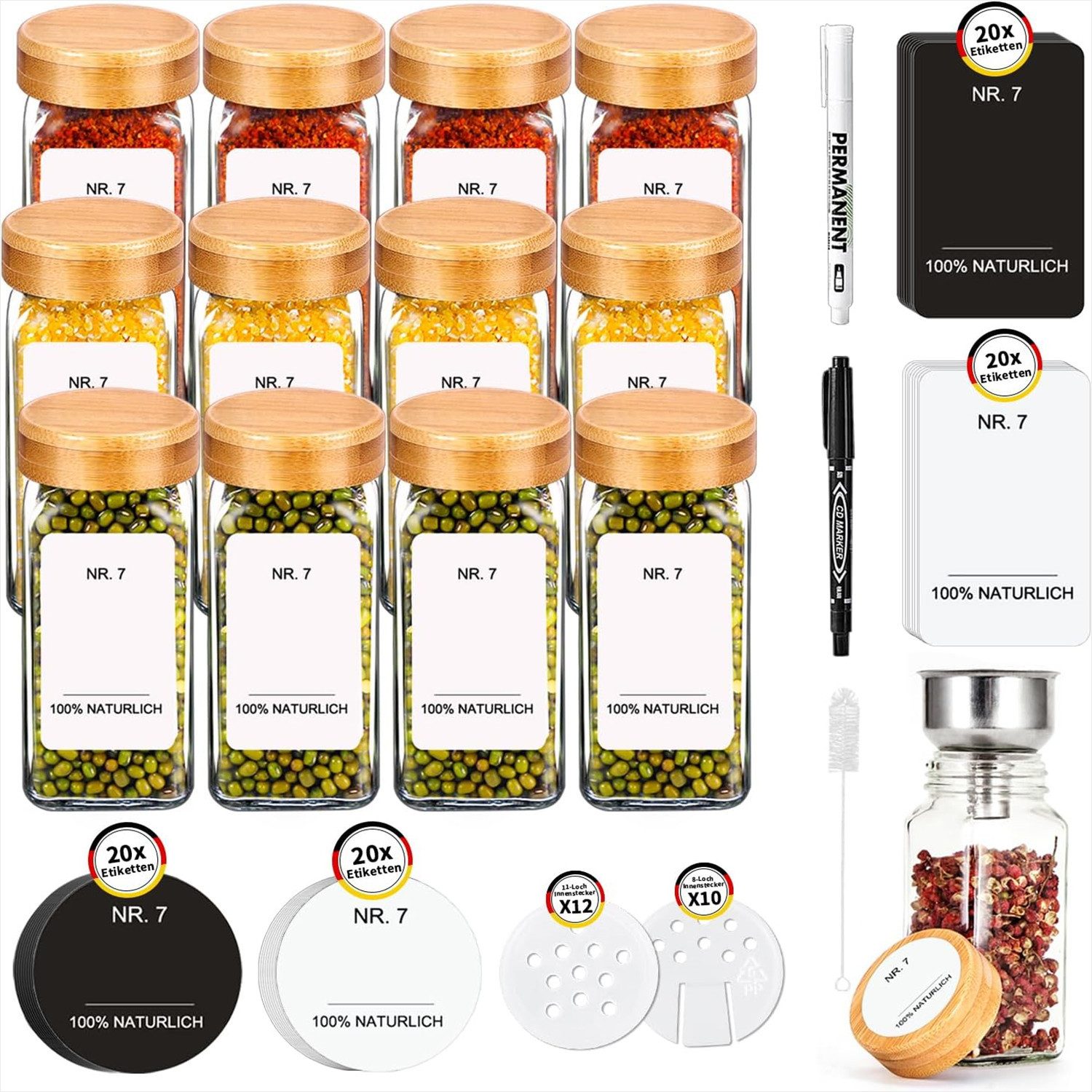 Gewürzbehälter 12Stk.Bamboo-Deckel Gewürzgläser Eckig-Set 120ml,Gewürzdosen aus Glas