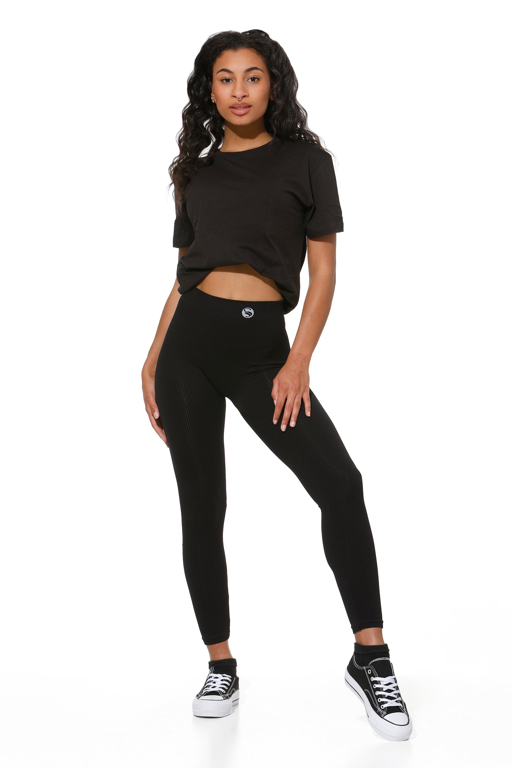 Stark Soul® Leggings Ribbed Leggings für Damen, Fitness-Leggings, Jogginghose mit elastischem Bund und Zwickelnaht Schwarz