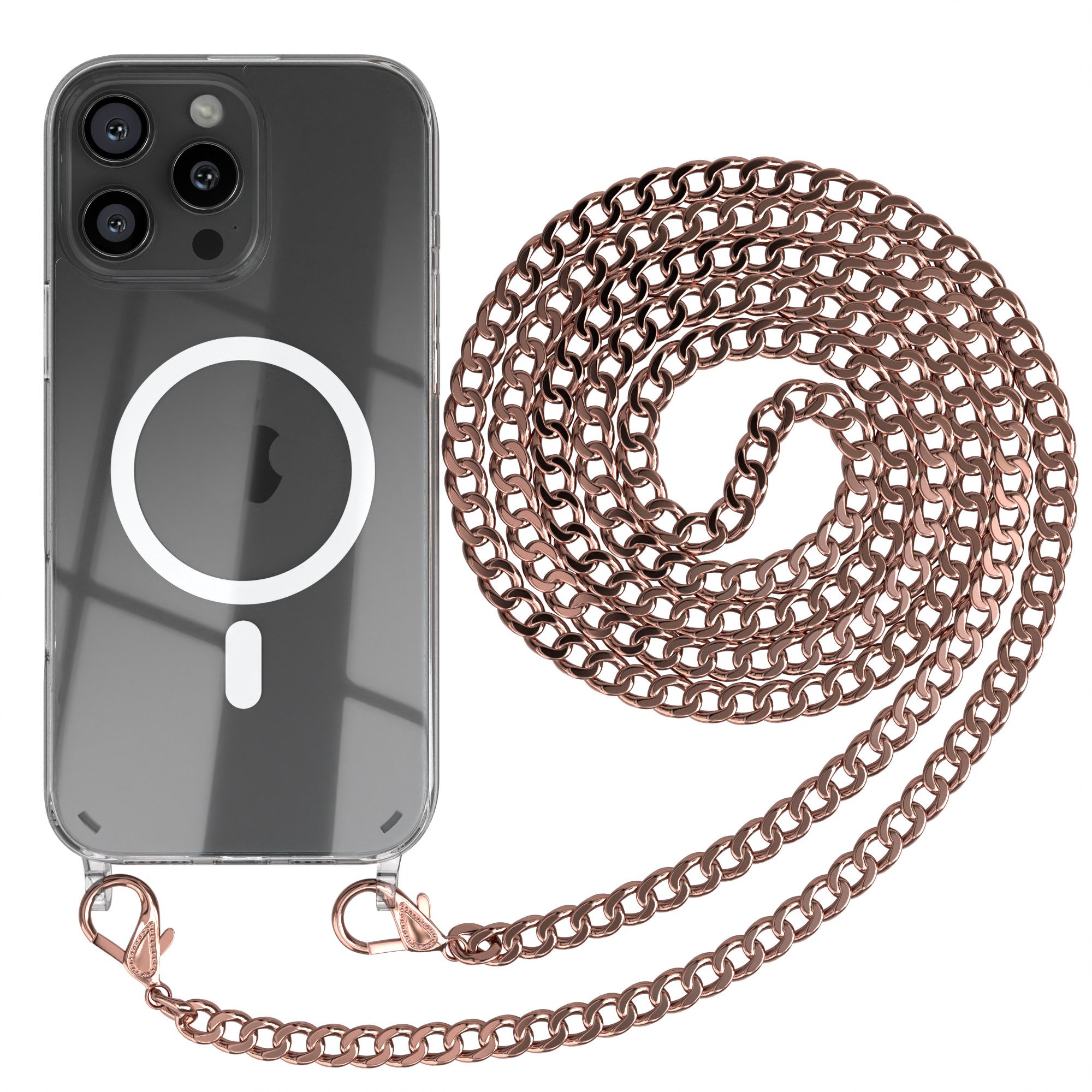 EAZY CASE Handykette Metallkette MagSafe Hülle für iPhone 16 Pro Max 6,9 Zoll, Hülle mit Band Silikon Handytasche durchsichtig Chain Slimcover Rosé