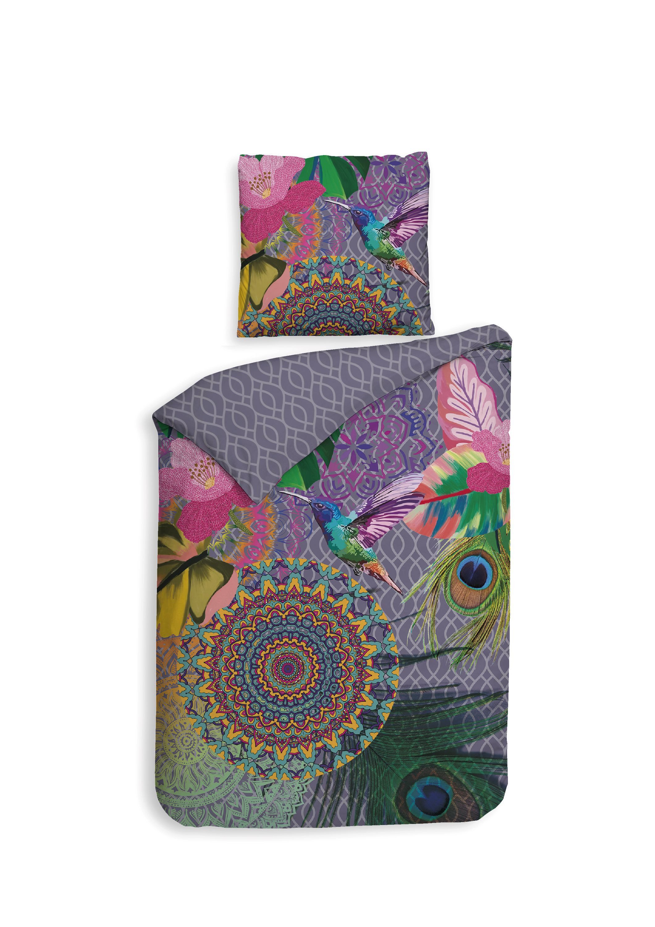 ZO HOME Bettwäsche ZO!Home, Renforcé, 2 teilig, Kolibri, bunte Mandalas auf grauem Hintergrund