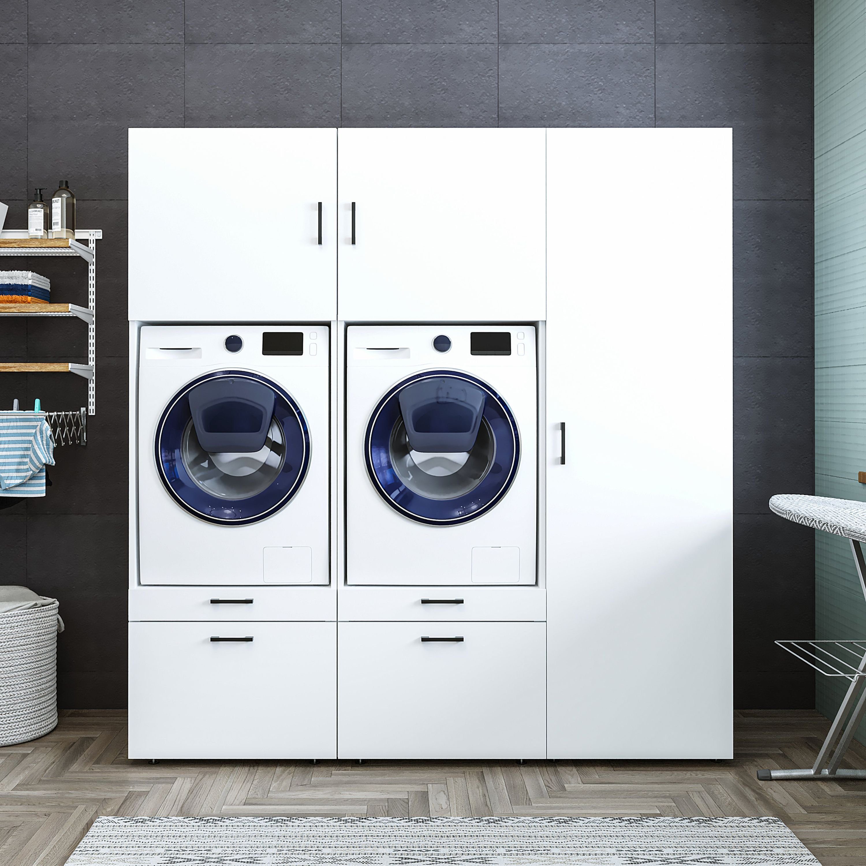 Roomart Waschmaschinenumbauschrank (Waschmaschinenschrank Trocknerschrank mit Schrankaufsätzen Waschturm) weiß | Weiß